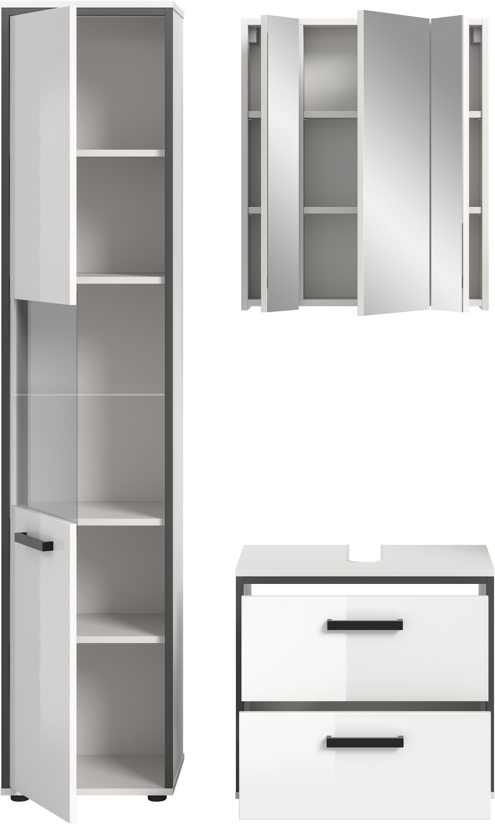 welltime Badmöbel-Set »KAJO, 3-tlg. Badkombination, weiß hochglanz« Set, Set, best. aus:1Hochschrank,1Spiegelschrank,1Waschbeckenunterschrank, 3 Stk. tlg.