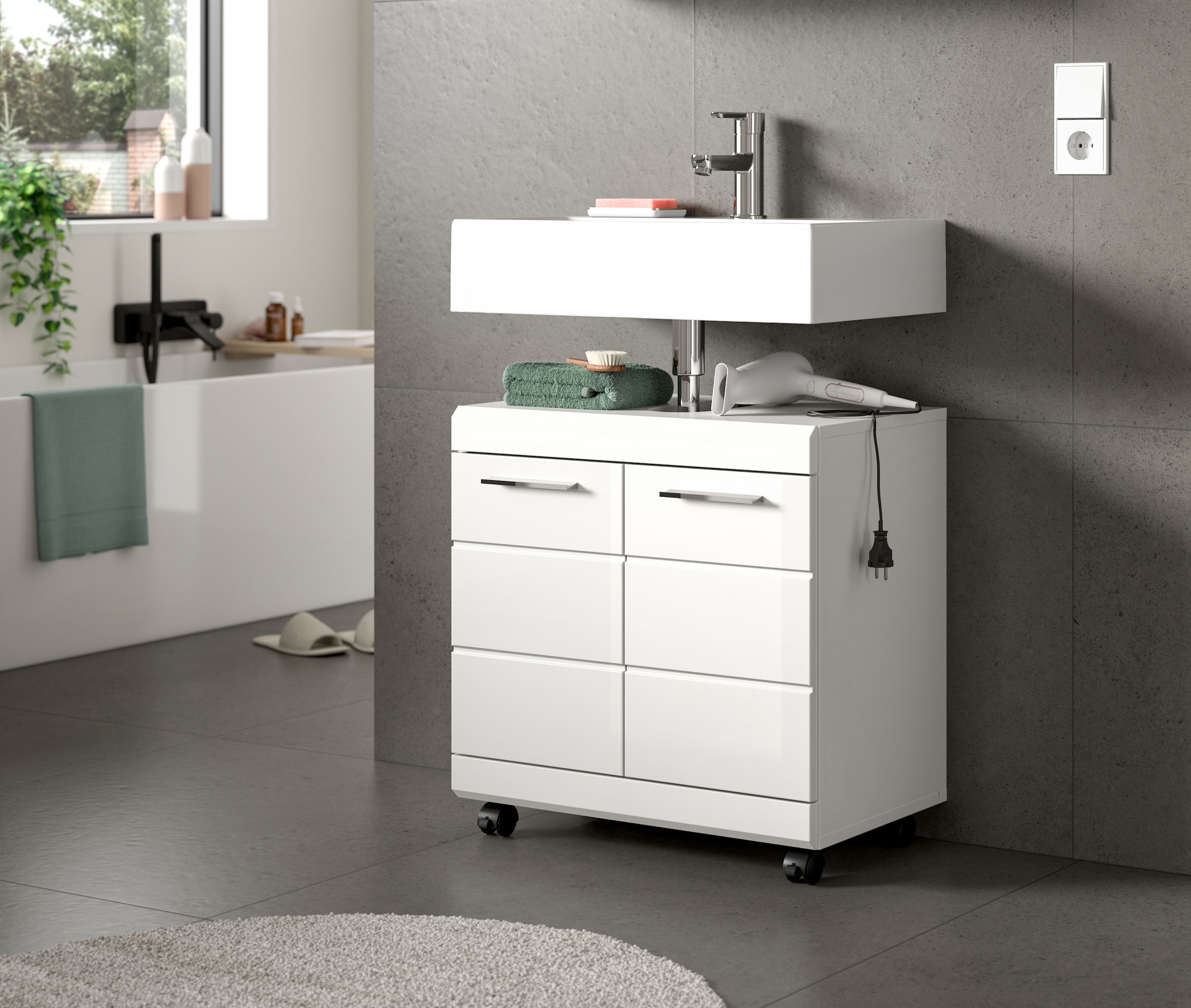 welltime Waschbeckenunterschrank »SIENA, Breite 60cm,  2 Türen oder 2 Schubkästen, auf Rollen, MDF-Front« TOPSELLER! , mit Siphonausschnitt 10x25 cm,  in verschiedenen Farben erhältlich, Badmöbel, Badschrank, Kommode, Bad