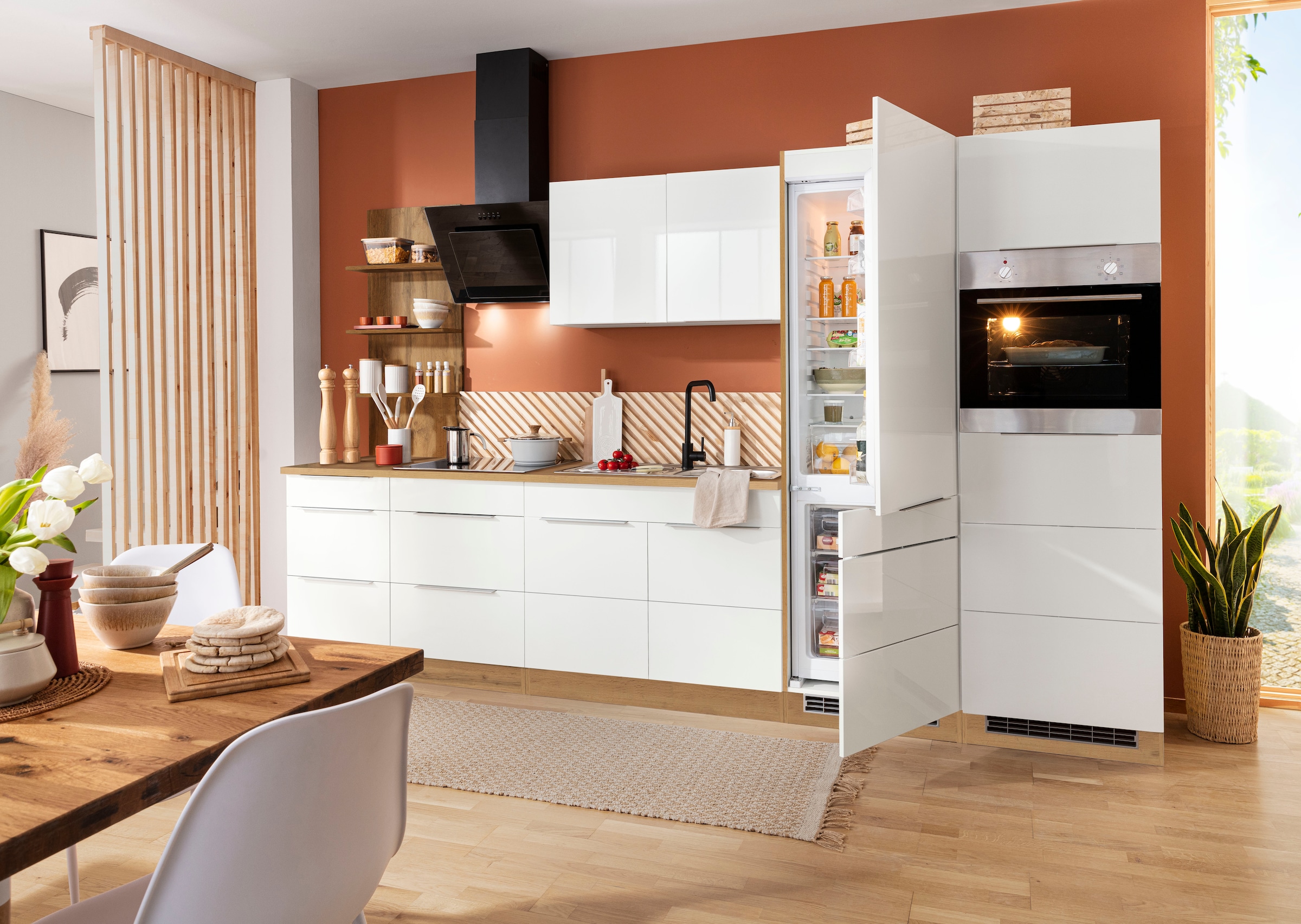 KOCHSTATION Küchenzeile »KS-Brindisi Breite 330 cm« wahlweise mit E-Geräten und Induktion, mit MDF-Fronten und Regal