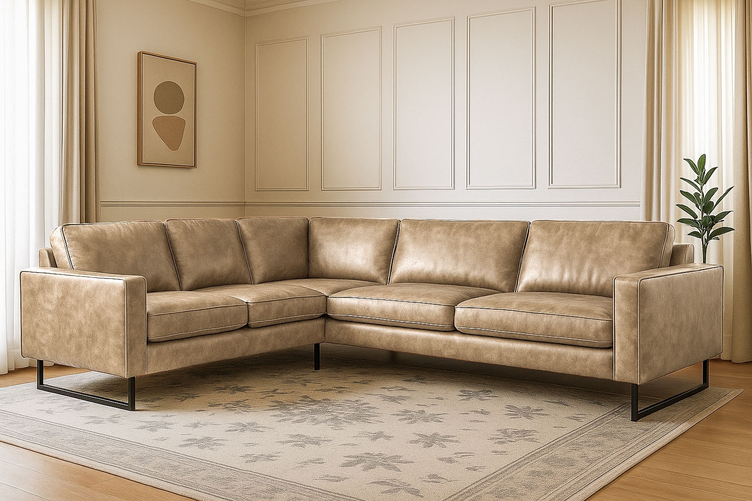 Places of Style Ecksofa »Pinto, XXL, 250/290 cm, langer Schenkel, Ottomane«, Cord, Chenille, Lederoptik, mit Keder, Metallfüße, Wellenunterfederung