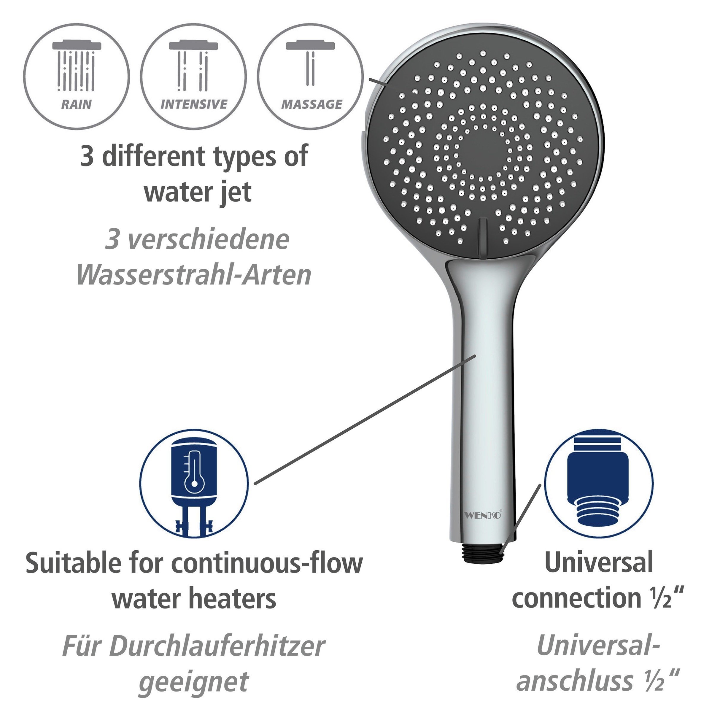 WENKO Stangenbrause-Set »Watersaving«, Chrom, Länge Stange: 70 cm