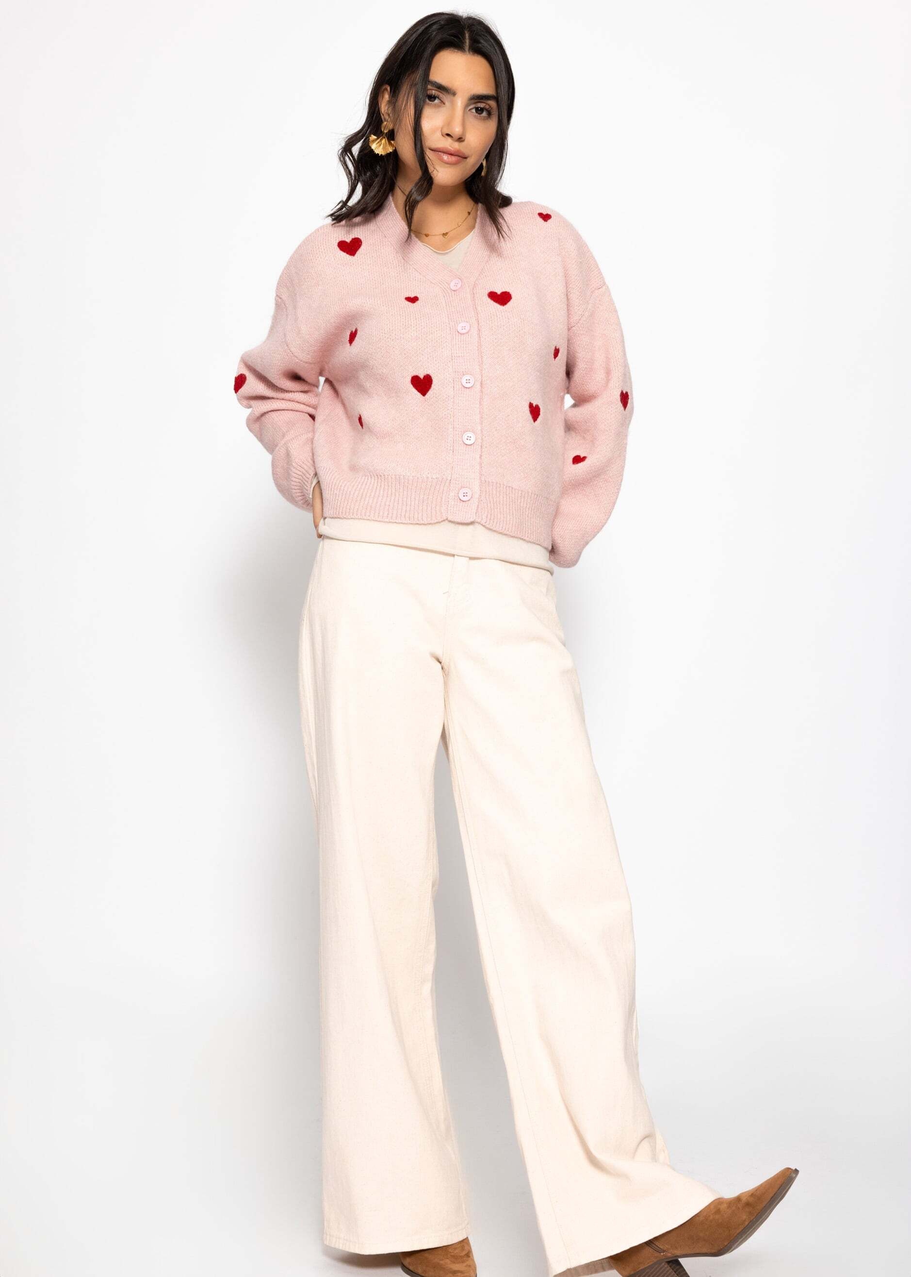 SASSYCLASSY Cardigan »Cardigan mit Herzen« Weiche Strickjacke mit V-Ausschnitt und Knopfleiste Offwhite Rosa