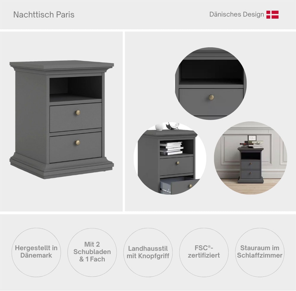 Home affaire Nachttisch »Paris, Nachtkommode, Nachtschrank, Beistelltisch, elegant«, Mit 2 Schubladen & 1 Einlegeboden, Landhausstil, runde Griffe, staurum