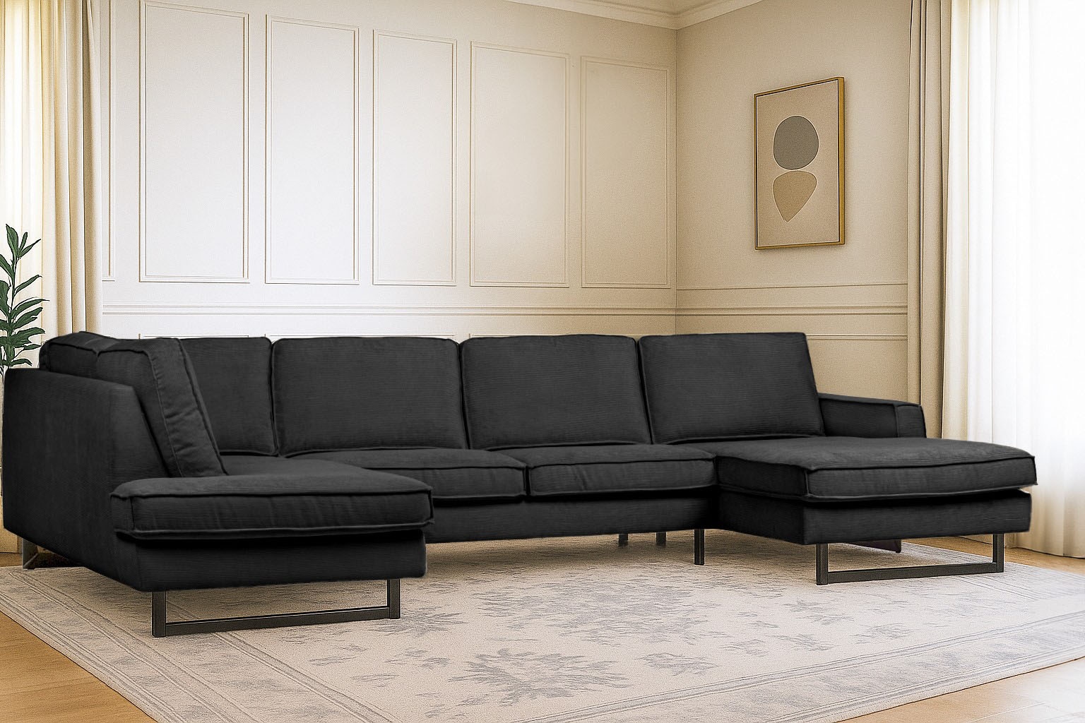 Places of Style Wohnlandschaft »Pinto, 350 cm, U-Form, XXL, mit Ottomanen«, Cord, Chenille, Lederoptik, mit Keder, Metallfüße, Wellenunterfederung