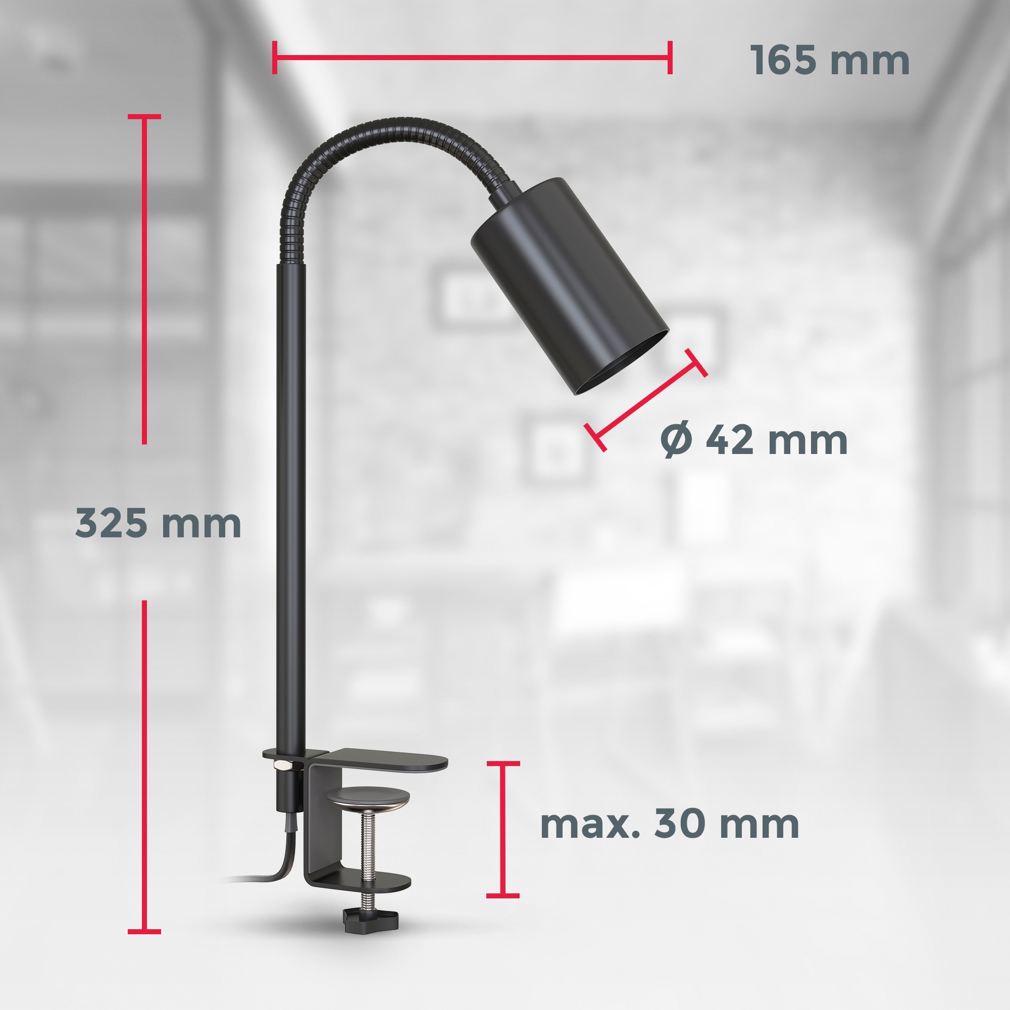 B.K.Licht Klemmleuchte  für Leuchtmittel E27, max. 10 Watt (ohne Leuchtmittel), inkl. Flexarm, Kabelschalter und Schraubklemme