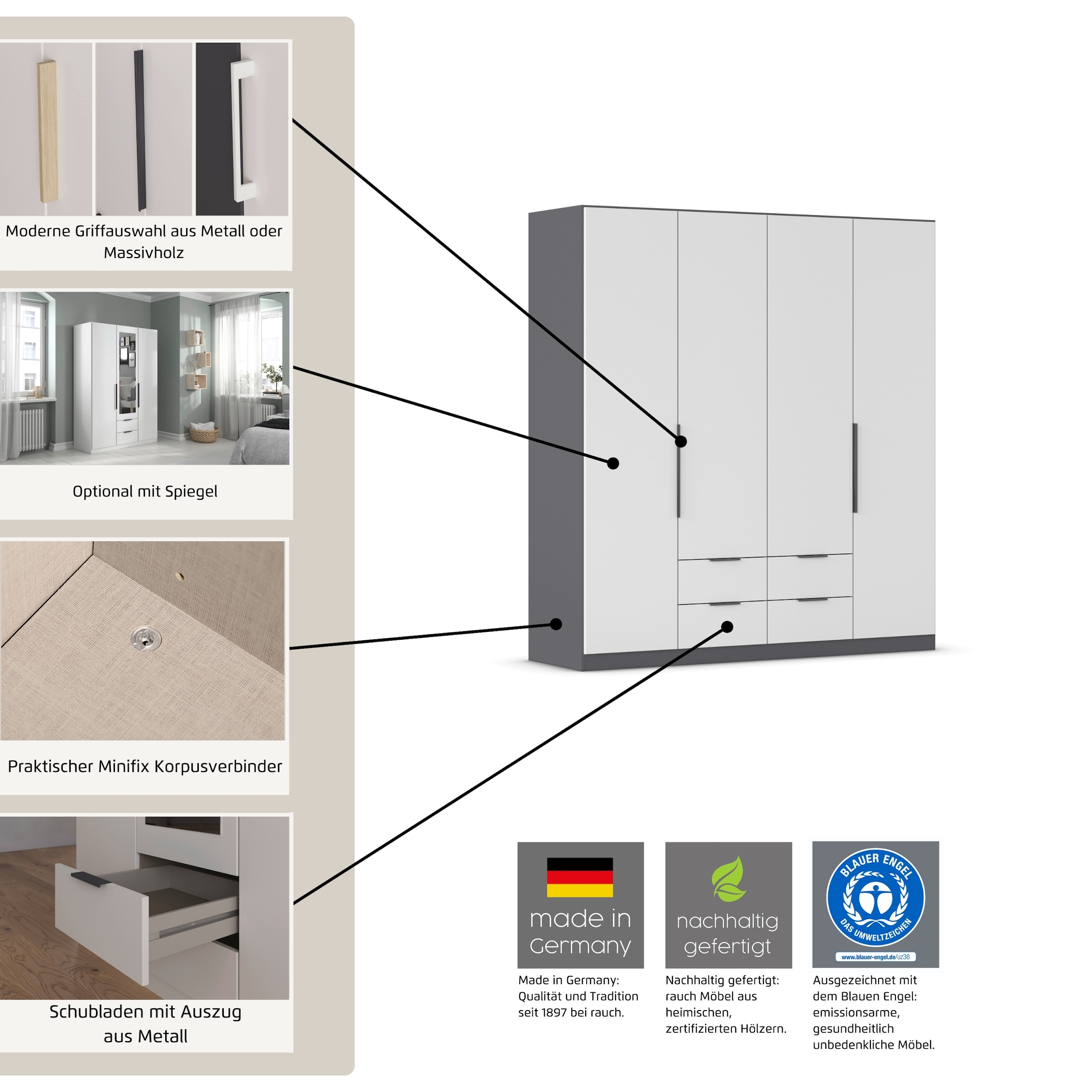 rauch Drehtürenschrank »Kleiderschrank Schrank Garderobe KREFELD optional mit Spiegel«, mit 3 Griff-Varianten, inkl. praktischen Schubladen MADE IN GERMANY