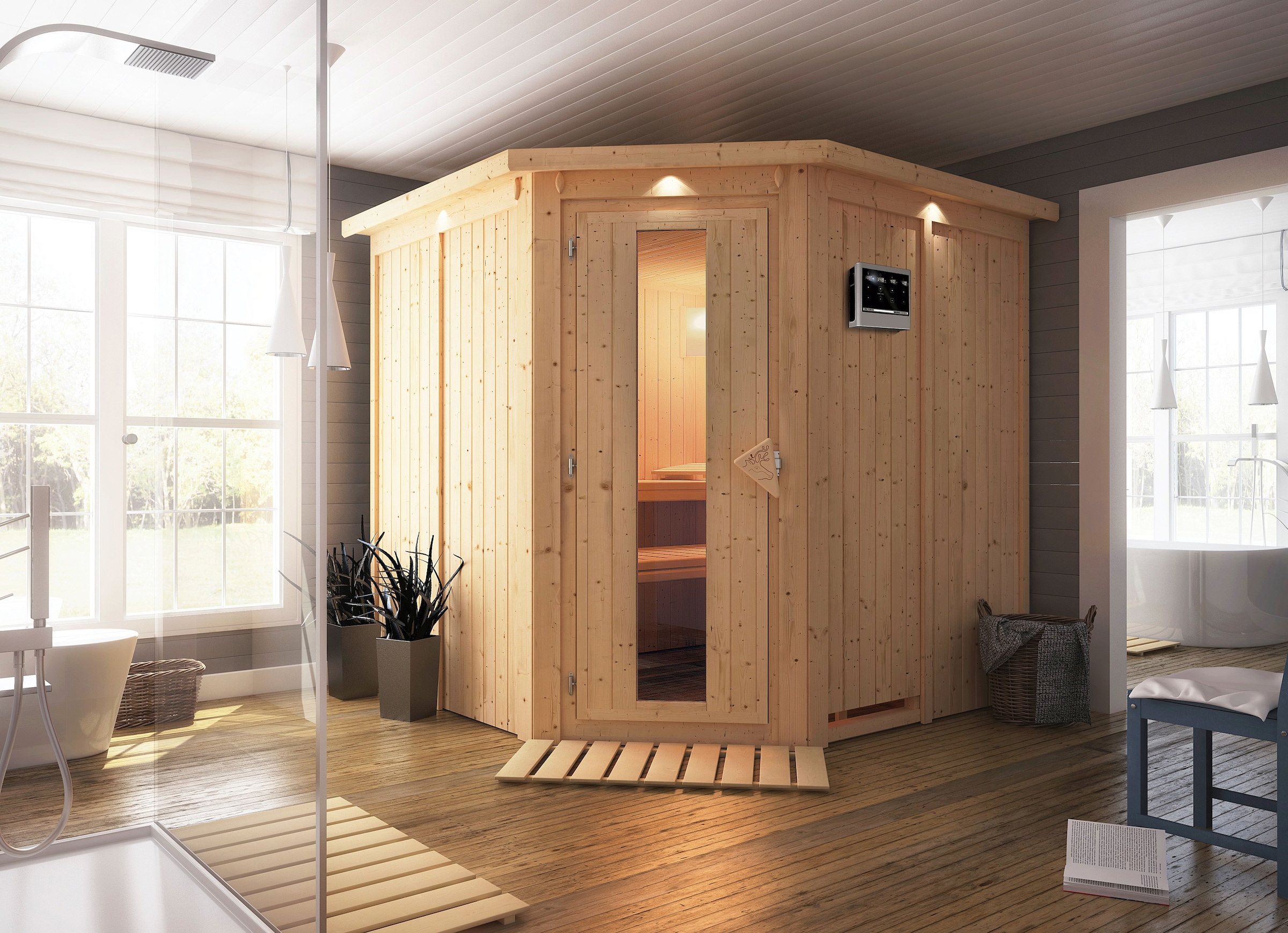 Karibu Sauna »Jarin« Set,  Ofen 9 KW externe Strg easy