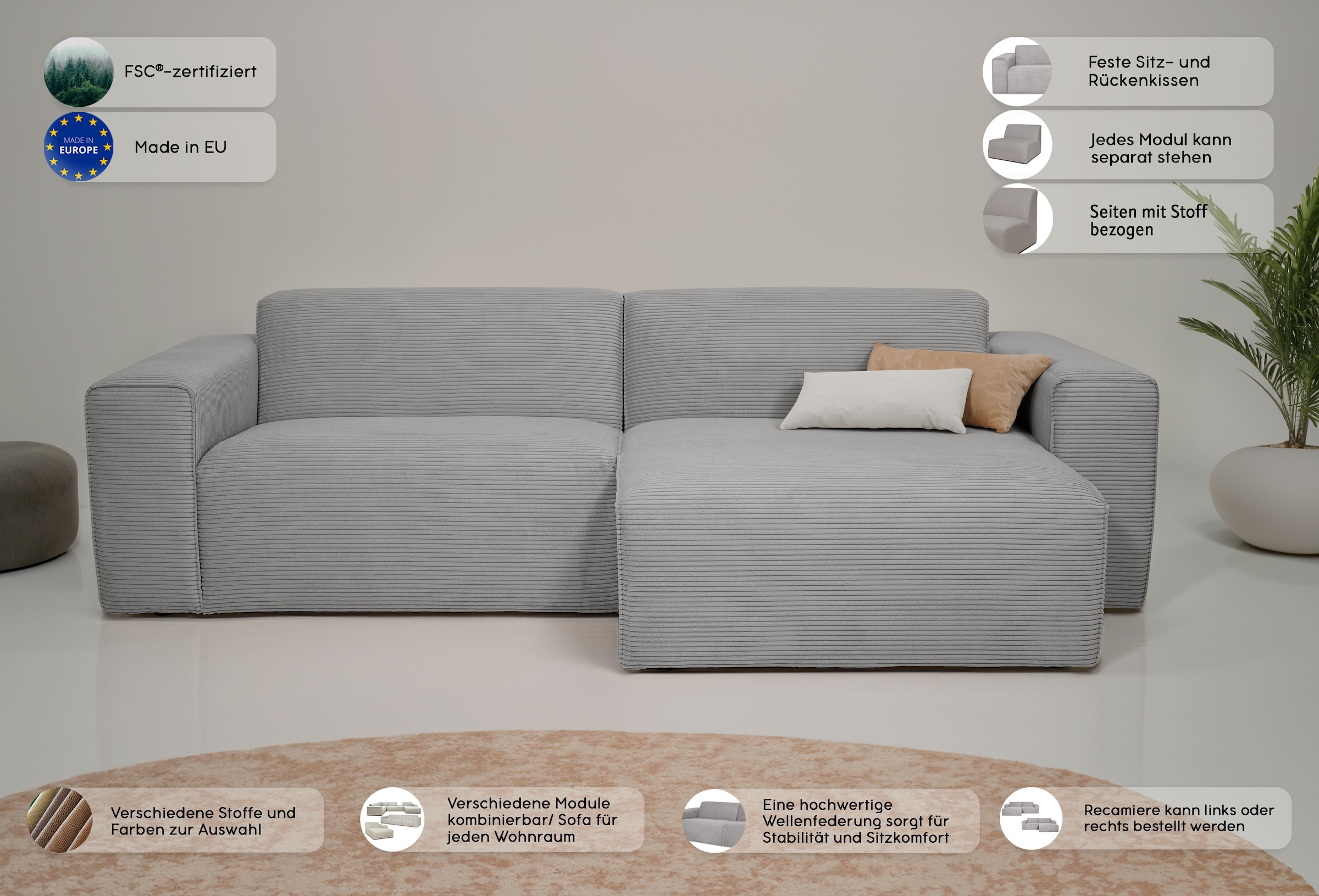 INOSIGN Ecksofa »Koa,228cm, L-Form, Modulsofa, Webstoff, Cord, Struktur«, Designsofa, weicher Lounge-Sitzkomfort, Welleunterfederung, bodentief