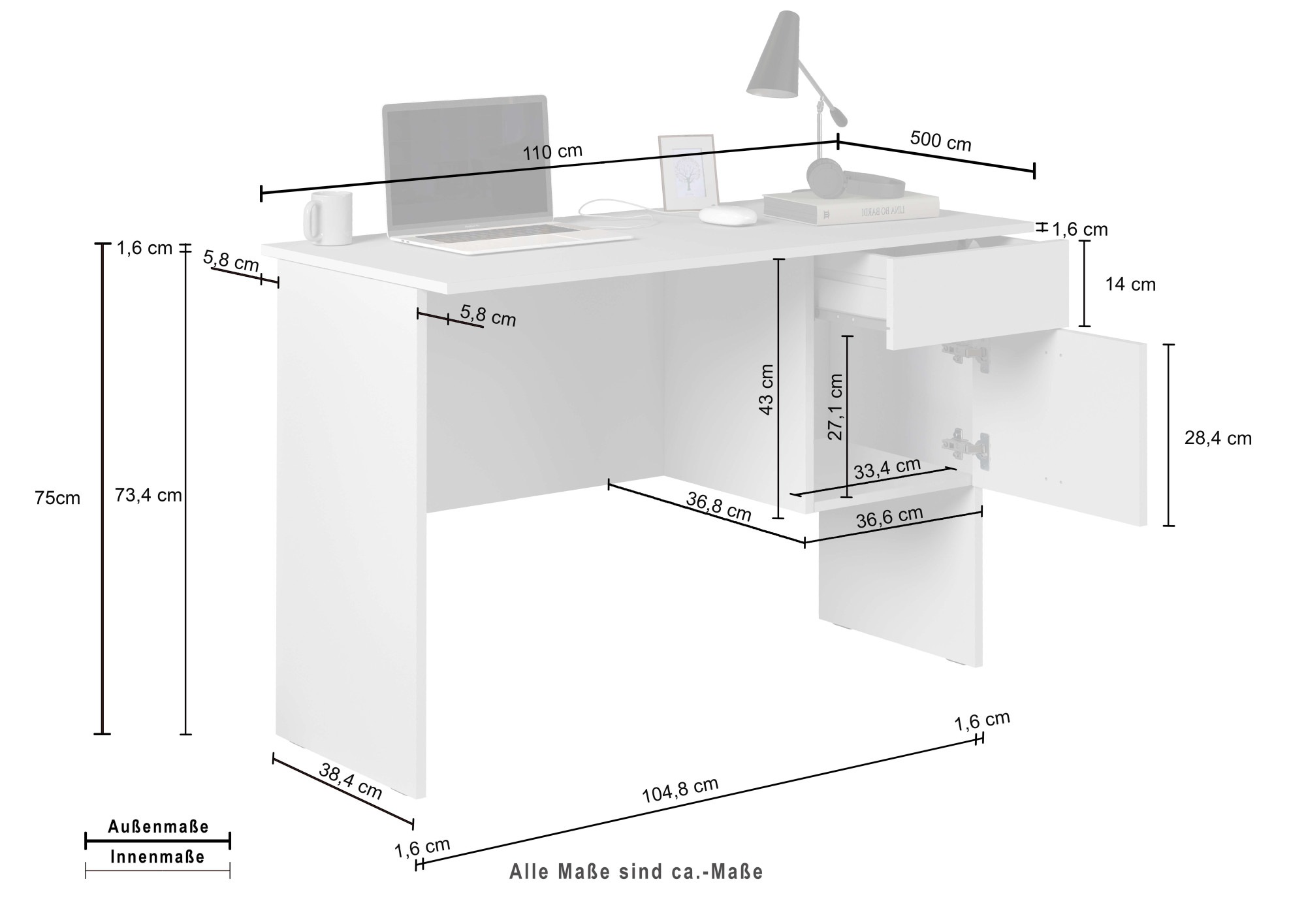 INOSIGN Schreibtisch »Sunrise, kleiner Computertisch, Bürotisch«, mit 1 Tür & 1 Schublade, Tischplatte Breite 110 cm, Made in Italy
