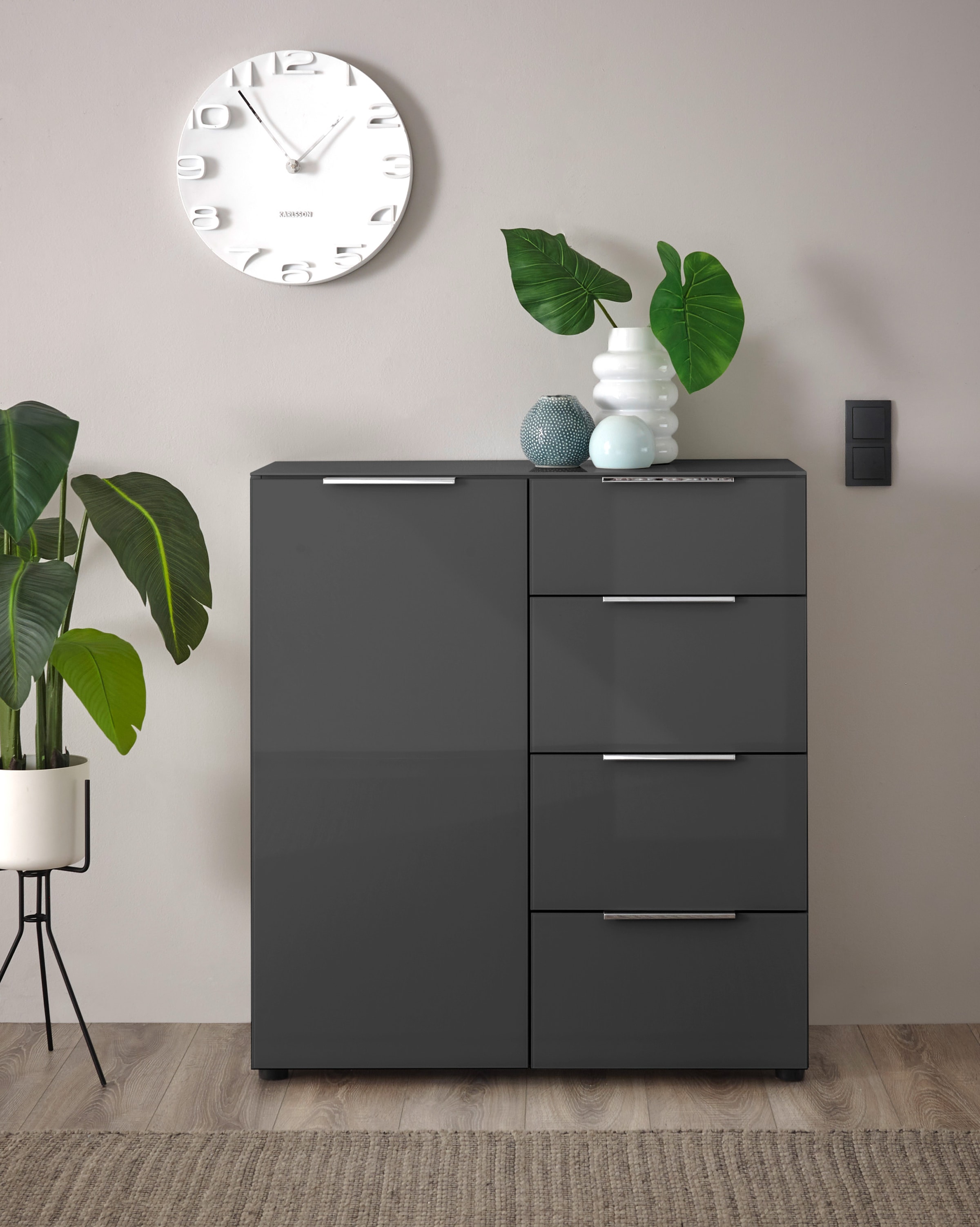 HBZ Sideboard »Santorin Mehrzweckschrank-Universalschrank, BxHxT 90x99x40 cm« 1 Stk. tlg. Mit 1 Tür und 4 Schubkästen mit Softclose, Glasfront und Glasoberboden