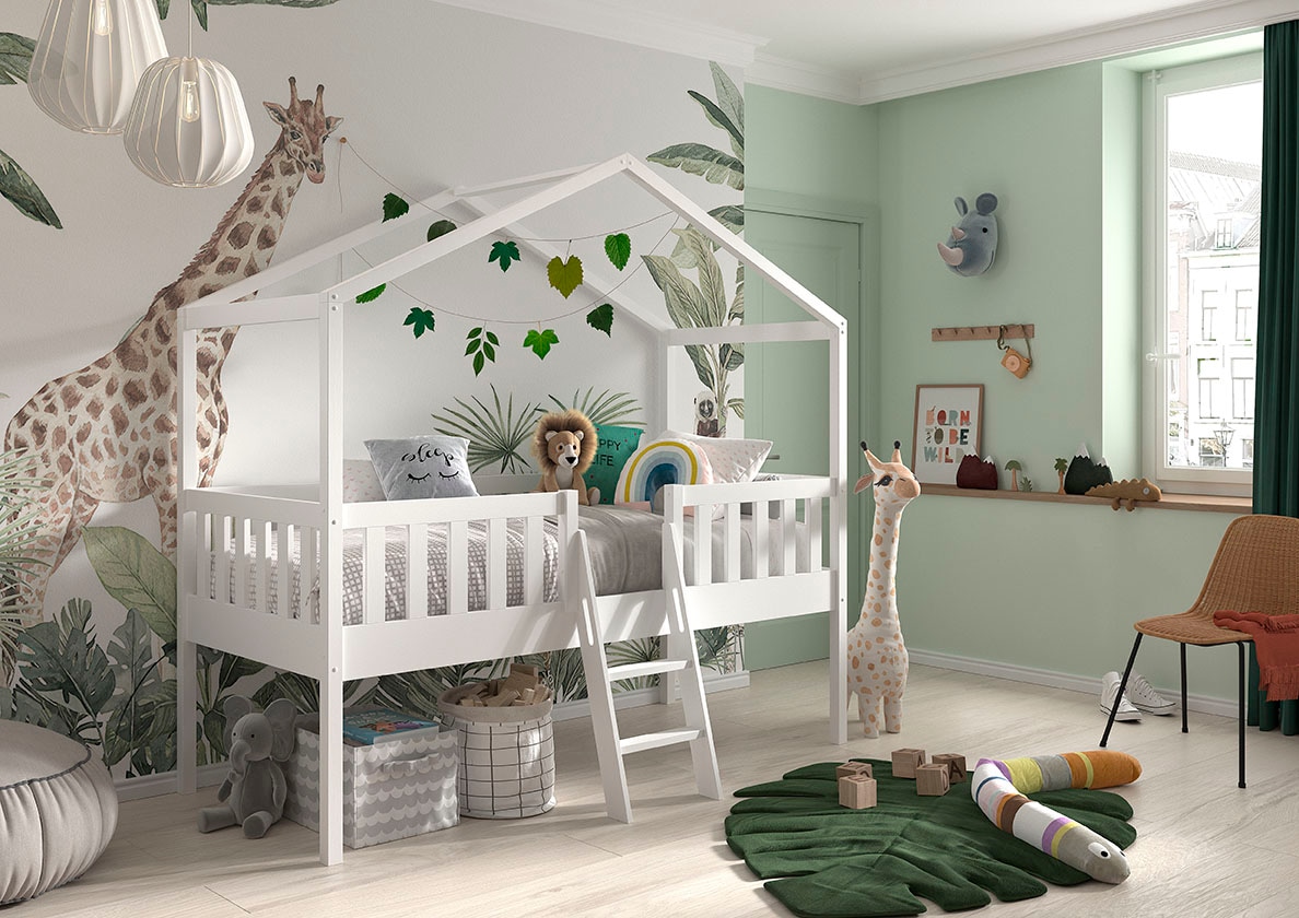 Vipack Hausbett »Kiefer massiv weiß lackiert, Made in Europe, stabil gebaut«, (B/H/T ca. 213x201,8cm, wahlweise mit und ohne Rutsche), mit Leiter, offenem Dach, Rolllattenrost und Absturzschutz