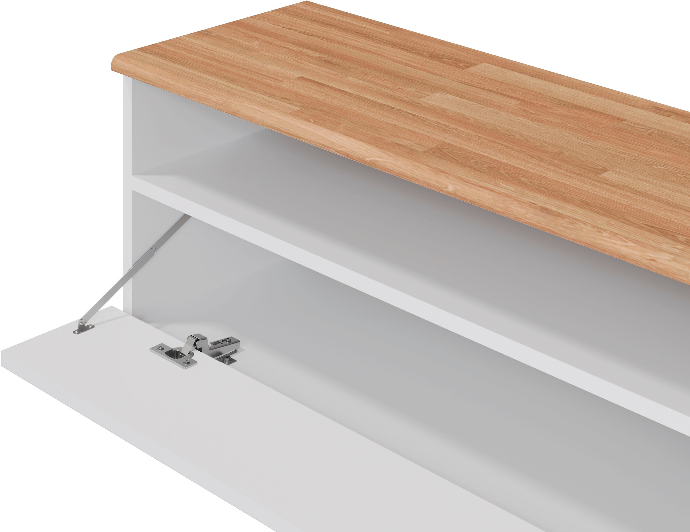 Home affaire Lowboard »Ribe,140cm breit,38cm hoch mit 2 Klappen,Oberplatte aus Massivholz«, Oberplatte Eiche massiv,schwarze Metall Griffe