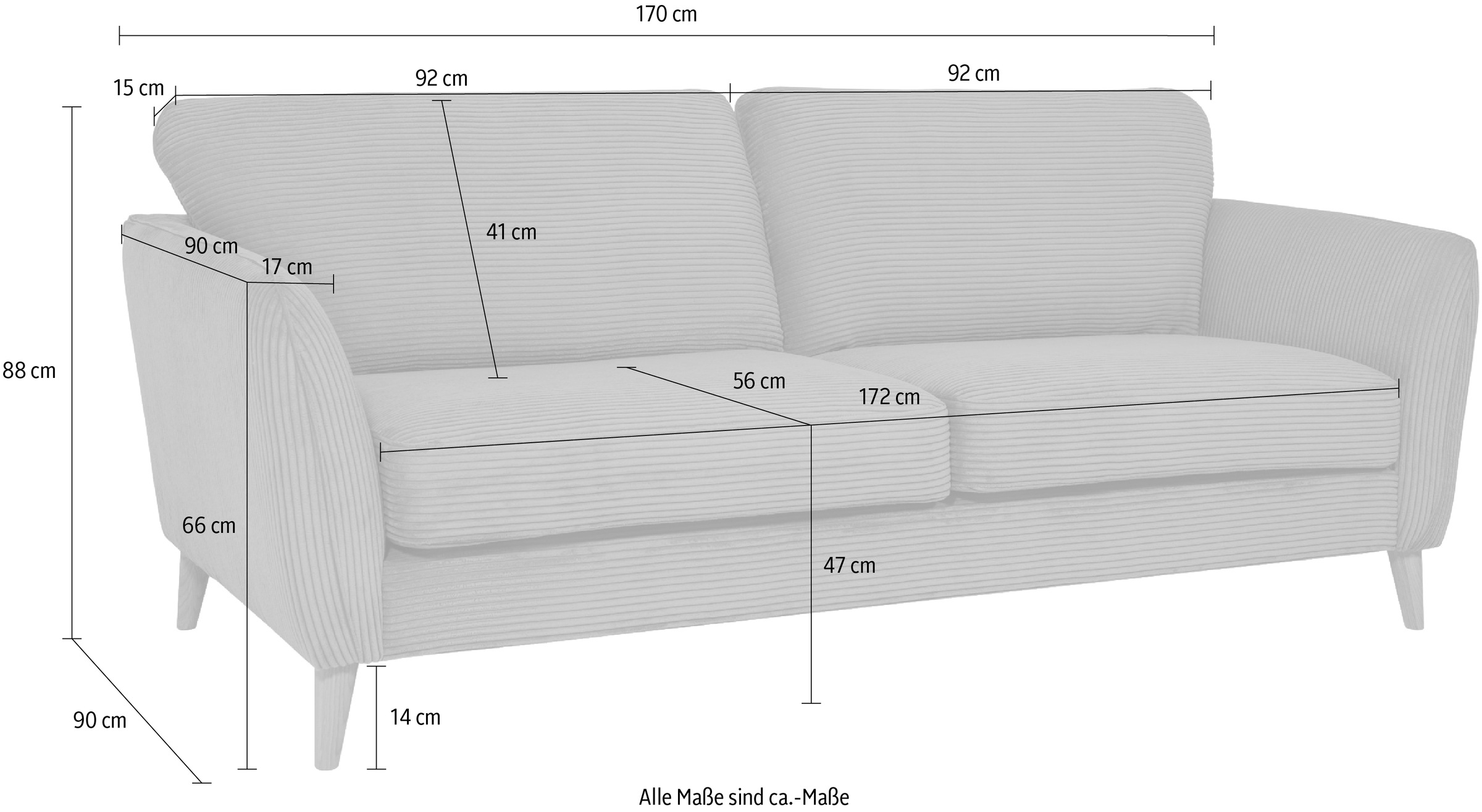 Home affaire 2-Sitzer »MARSEILLE Sofa 170 cm«, Massivholzbeine Eiche, Landhausstil, Wellenunterfederung