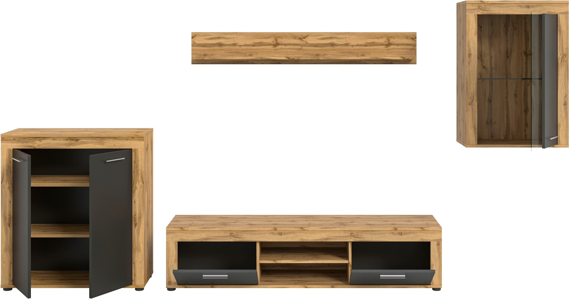 Home affaire Wohnwand »AOSTA, Breite 330cm, 4-teilige Wohn-Kombination« bestehend aus: Highboard, Lowboard, Wandboard & Vitrine, 4 Stk. tlg.