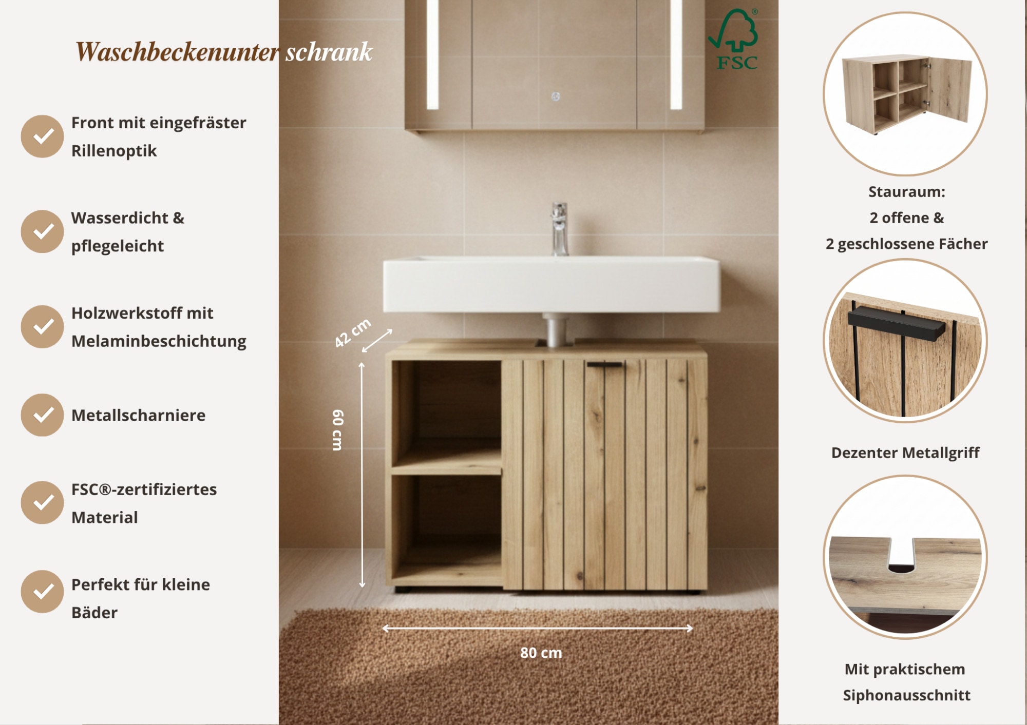 OTTO home Waschbeckenunterschrank »Baltrum« Breite 80 cm dekorative Lamellenoptik