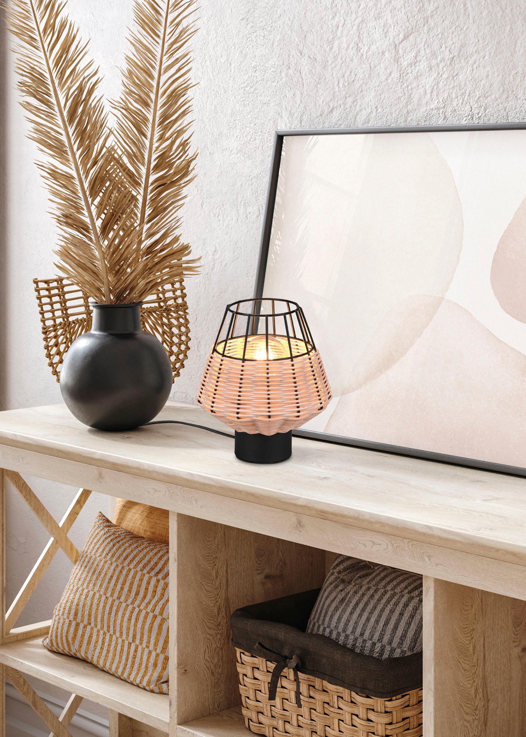 TRIO Leuchten Schreibtischlampe »Borka«, 1 flammig-flammig, Boho Tischleuchte aus Rattan exkl 1xE27 max 40W, Schnurschalter Ø 17cm