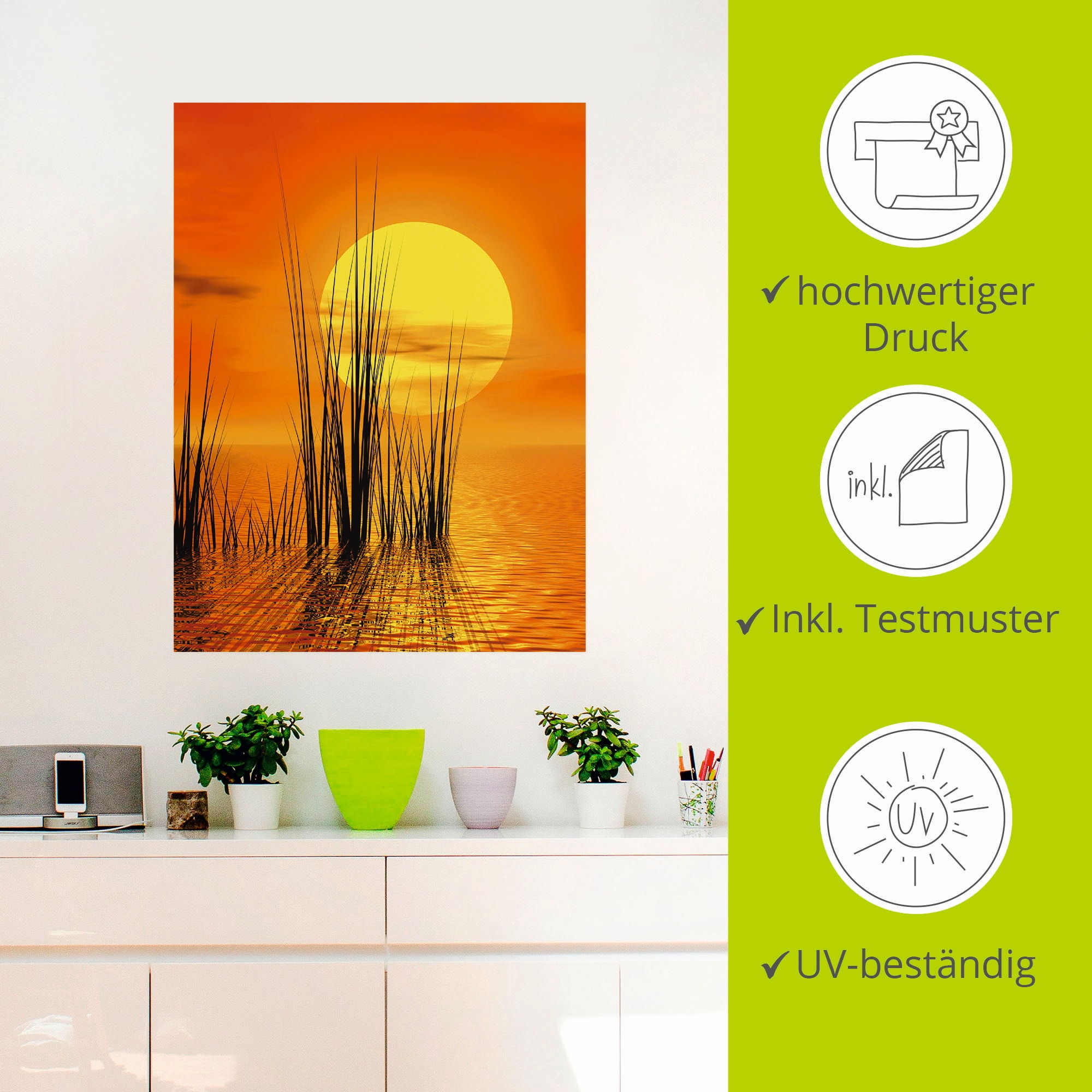 Artland Wandbild »Sonnenuntergang mit Schilf«, Sonnenaufgang & -untergang, (1 St.), als Leinwandbild, Poster, Wandaufkleber in verschied. Größen