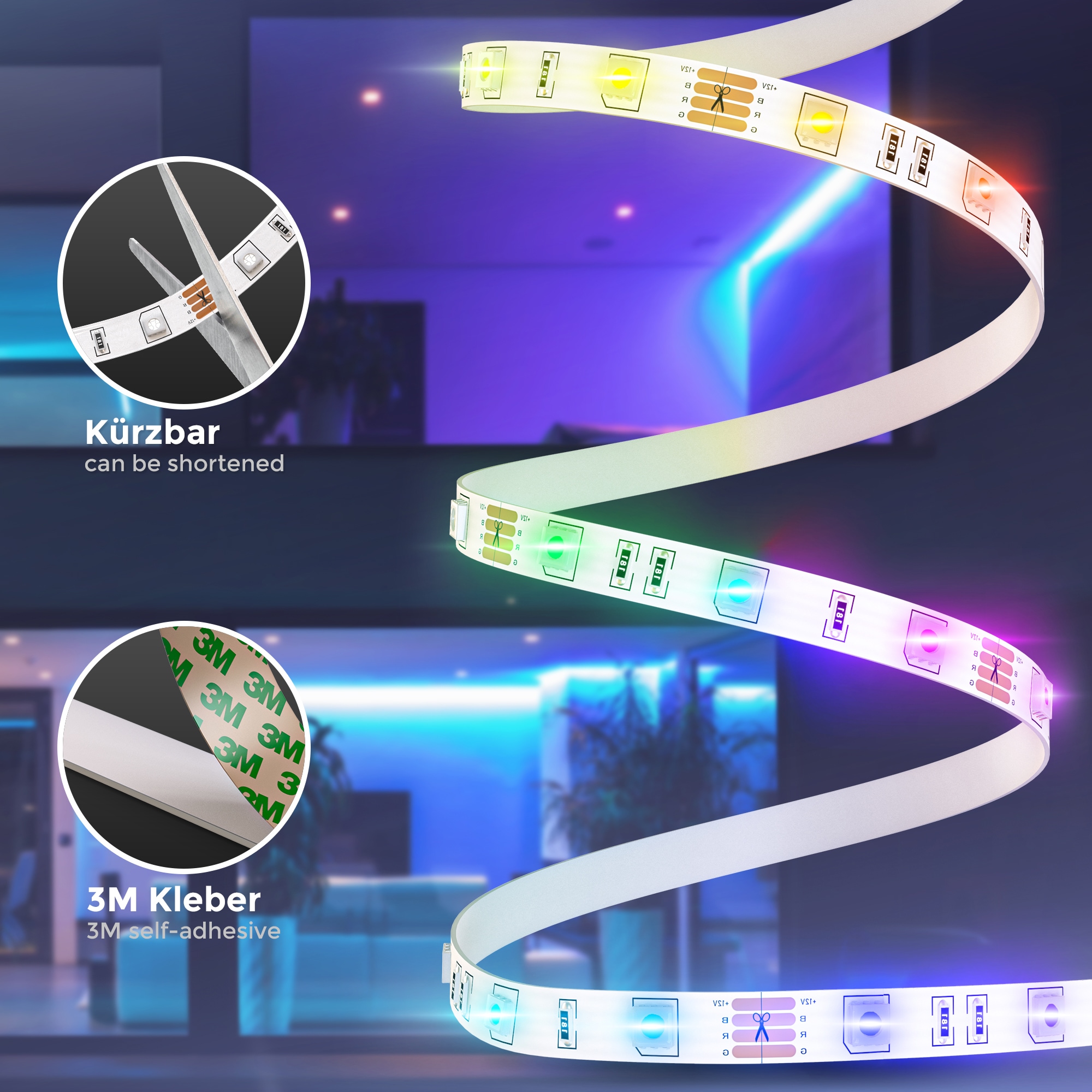 B.K.Licht LED Stripe, LED Band 3m, RGB, Fernbedienung, selbstklebend, Farbwechsel, kürzbar