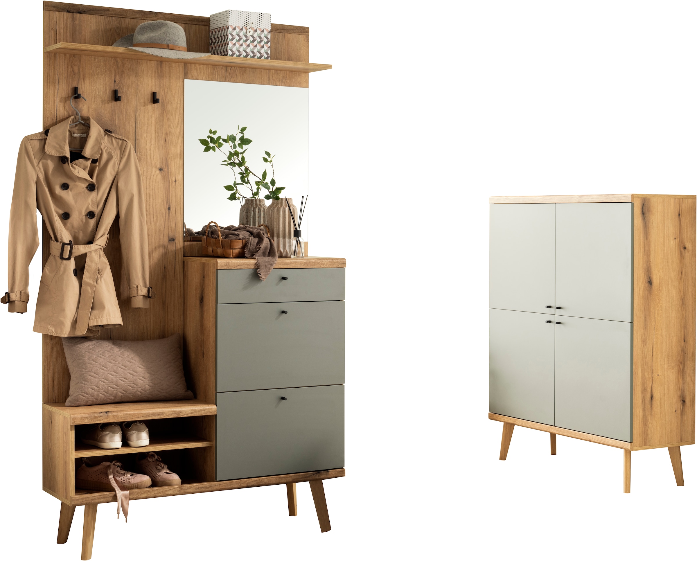 INOSIGN Garderoben-Set »Mavas, Garderobe mit Stauraum, Garderobenschrank im Scandic Design«, (Set, 2 St.), ausreichend Stauraum, für kleine Räume geeignet, 237 cm breit