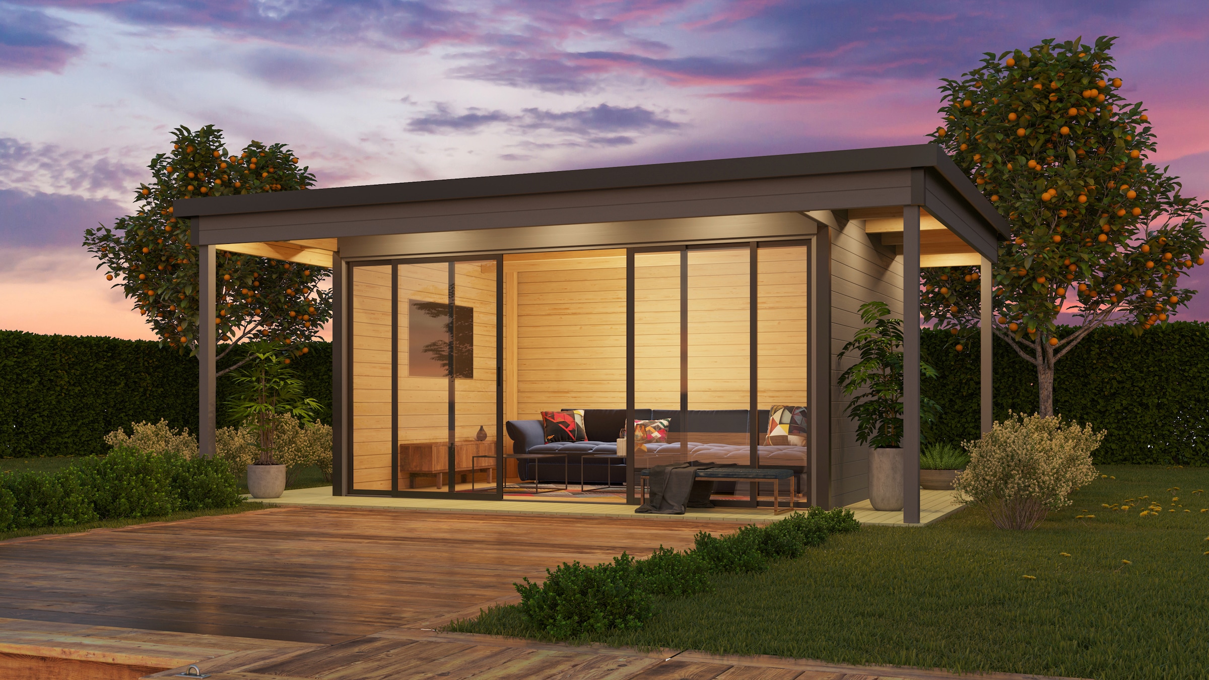 LASITA MAJA Gartenhaus »DOMEO 4 LOGGIA LICHTGRAU/ANTHRAZIT - NEU«, (Set), mit Überdachung, Fundamentmass 800+4180+800 x 800+3219, Lichtgrau