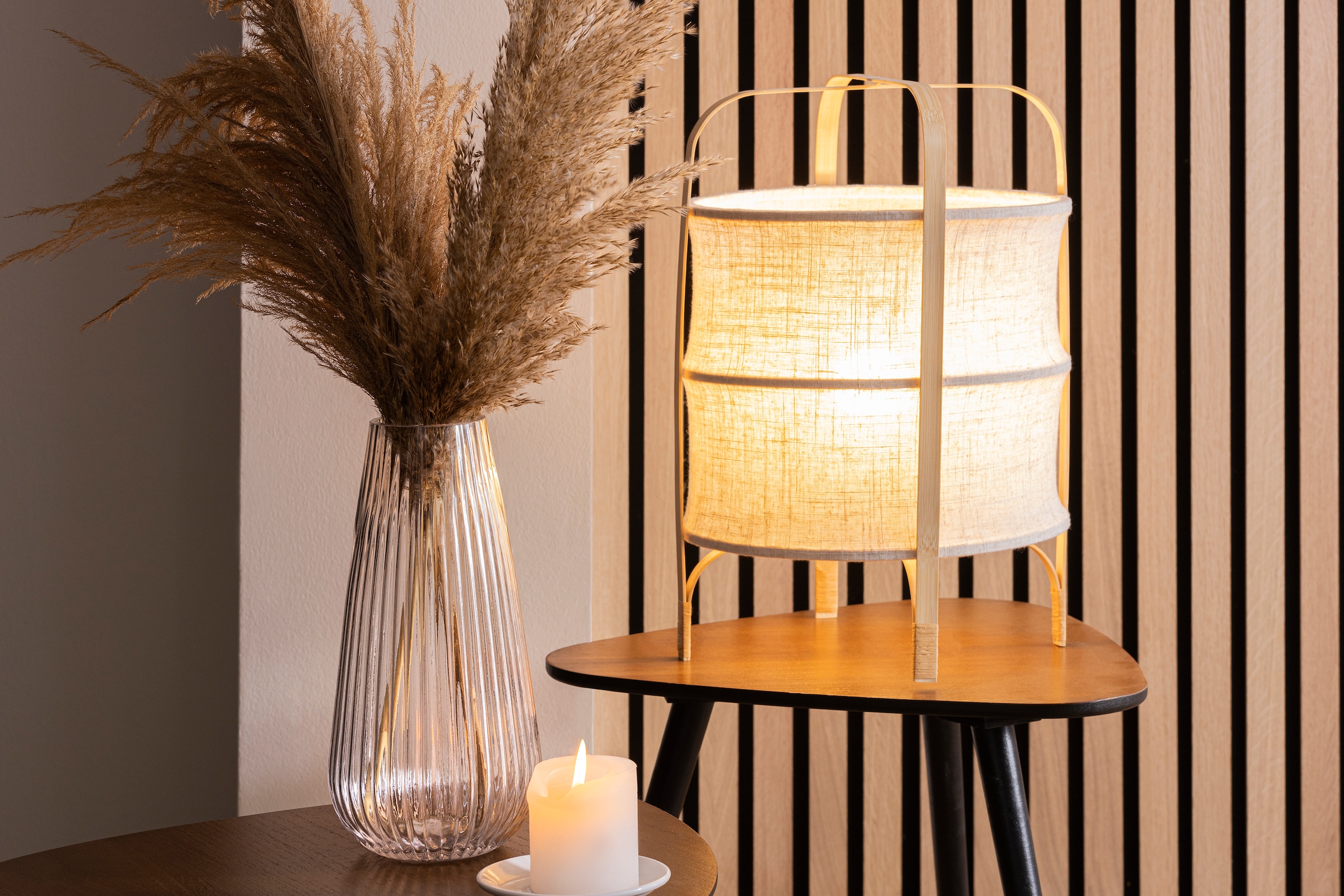 Home affaire Tischleuchte »McAnany Way«, Rahmen, mit im Holz Shop und OTTO Online beige/natur Textil Schirm Tischlampe flammig-flammig, 1 E27