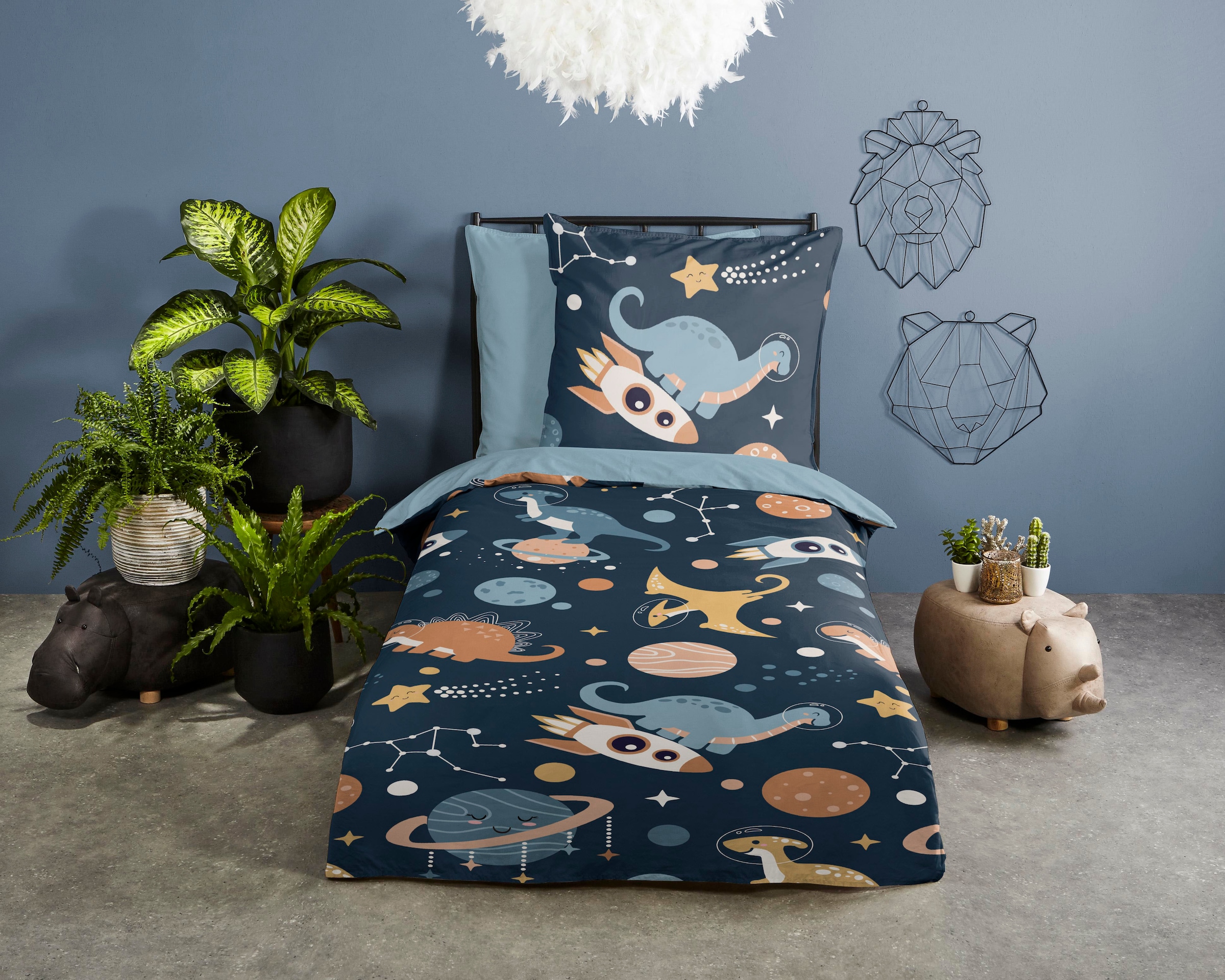 PURE luxury collection Kinderbettwäsche »Spacedino«, 135x200, Pflegeleicht, Reißverschluss, Wende, Kind Junge, Dino Weltall