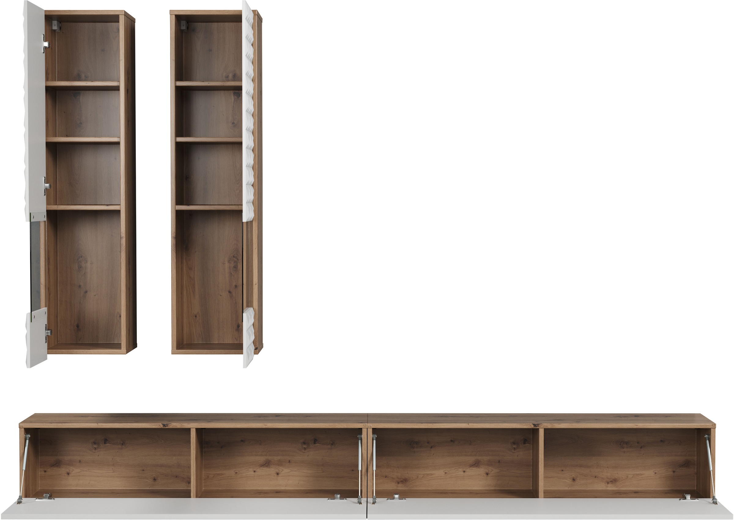 INOSIGN Wohnwand »Rezzo, 2 Hängevitrinen mit Relief-Front, 2 Lowboards je Br. 120 cm«, (Komplett-Set, 4 St.), insgesamt Br. 240 cm, Montage stehend oder hängend
