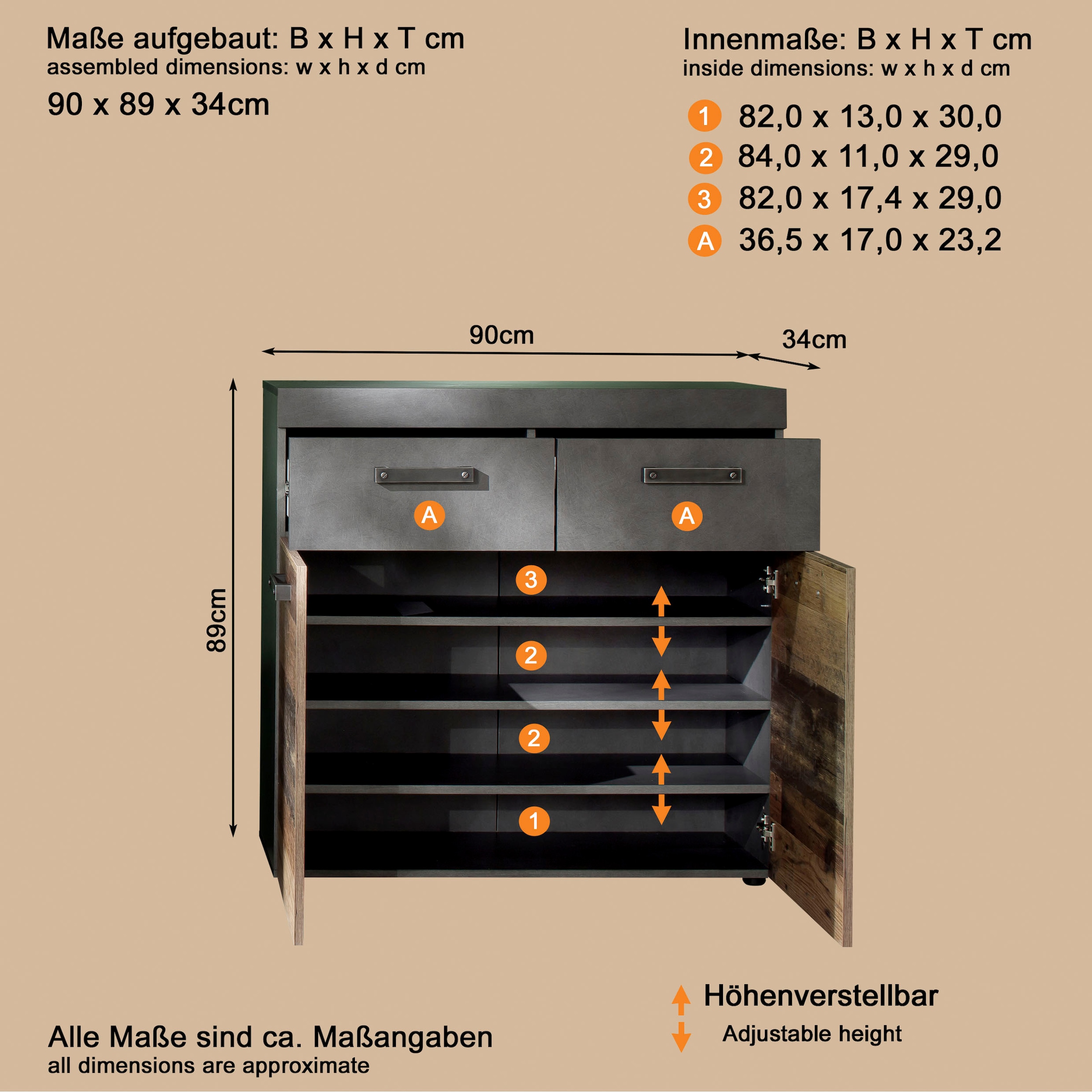 INOSIGN Schuhschrank »Ilana«, Schuhschrank für 16 Paar Schuhe - (B/T/H) 90/34/89 cm