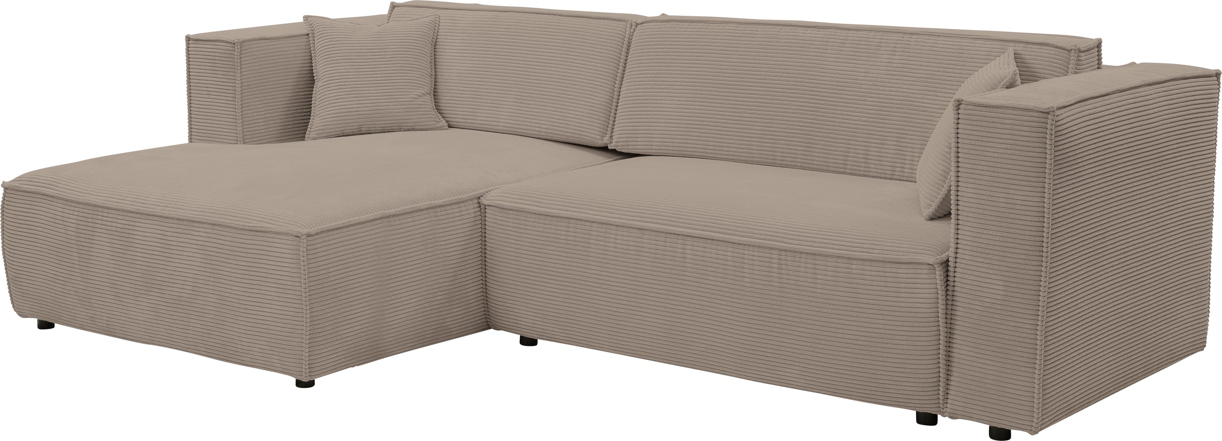 WERK2 Ecksofa »Atlanta-New, modernes Design, Stellmaße 295x182 cm, L-Form, Kedernaht« hoher Komfort, Schlaffunktion & Bettkasten, Cord, Greige