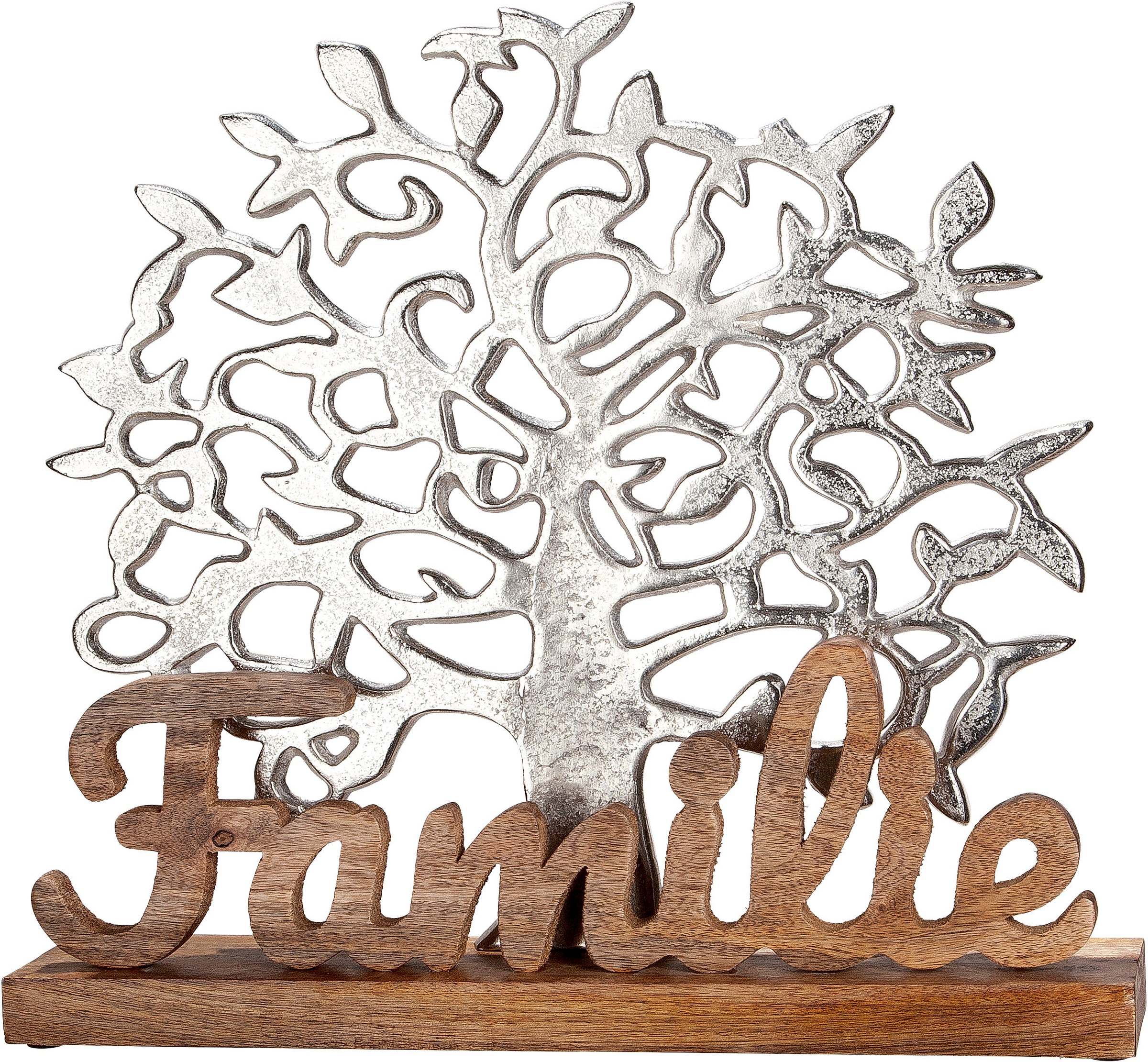 GILDE Dekofigur »Lebensbaum Familie, natur/silber«, (1 St.), Dekoobjekt, Höhe 51 cm, mit Schriftzug, aus Metall & Holz, Wohnzimmer
