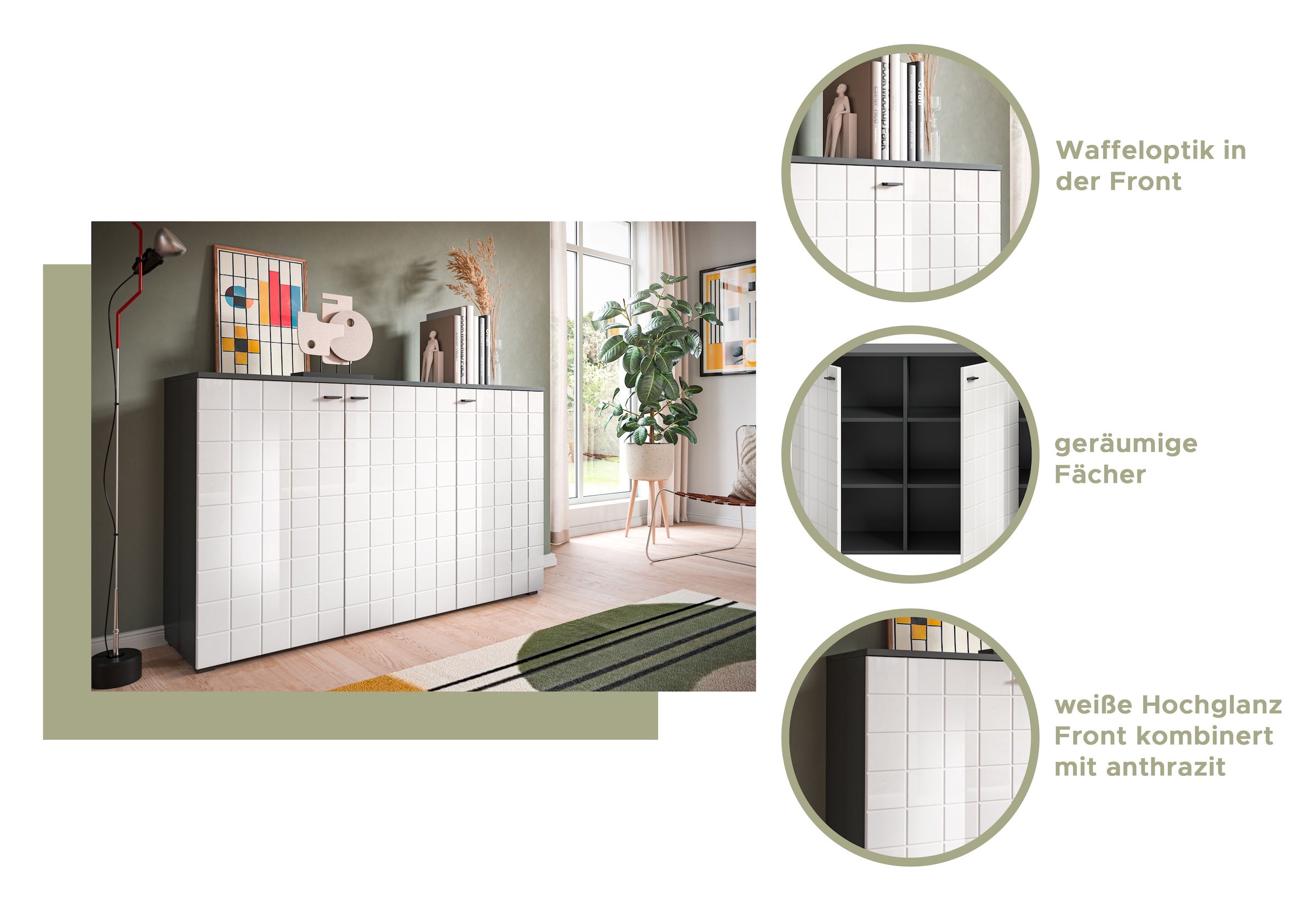 INOSIGN Sideboard »Gora, Breite 138 cm, gefräste Front in Waffeloptik hochglanz« Kommode, Schrank, Anrichte