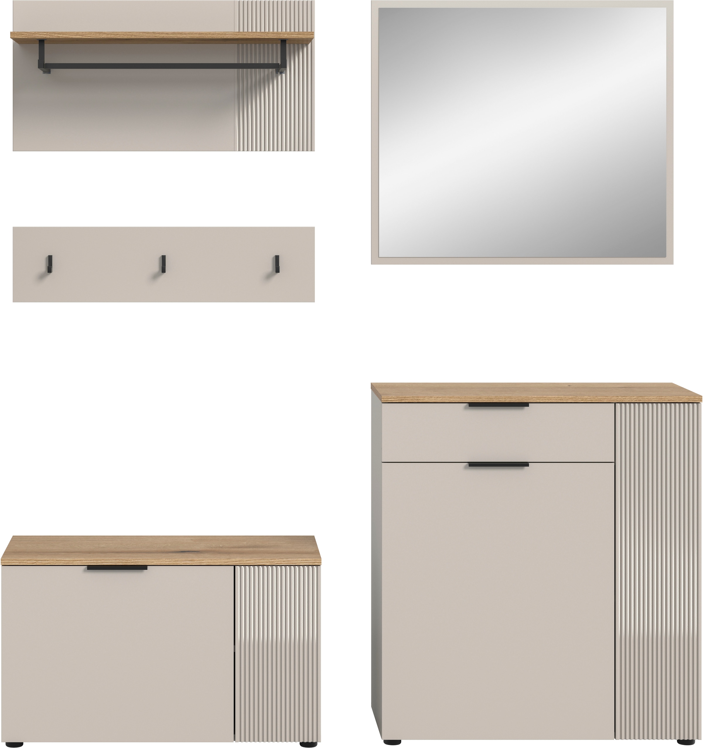 INOSIGN Garderoben-Set »EDIL, Breite 175 cm, 5-teilig, Front mit hochwertiger Längstfräsung« Set, best. aus: Sitzbank, Paneel, Hakenleiste, Kommode & Spiegel, 4 Stk. tlg. Garderobenkombination, Kombination, Set, Garderobe, Flurgarderobe