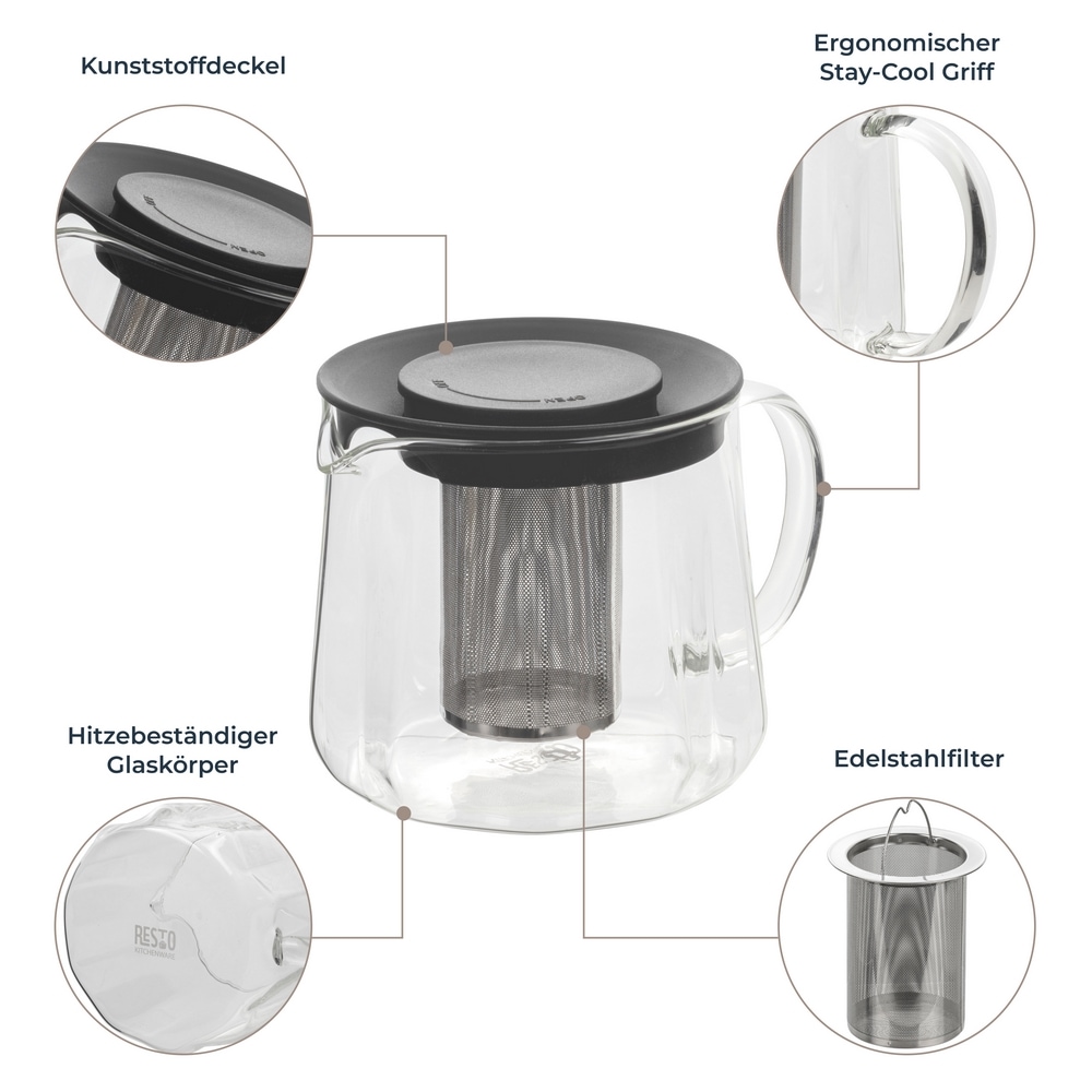 RESTO Kitchenware Teekanne »Ain, hitzebeständige Glaskanne im 3D Design, Höhe ca. 12 cm« 1 l 4 Stk. tlg. mit herausnehmbarem Filtersieb aus Edelstahl, im Geschenkkarton