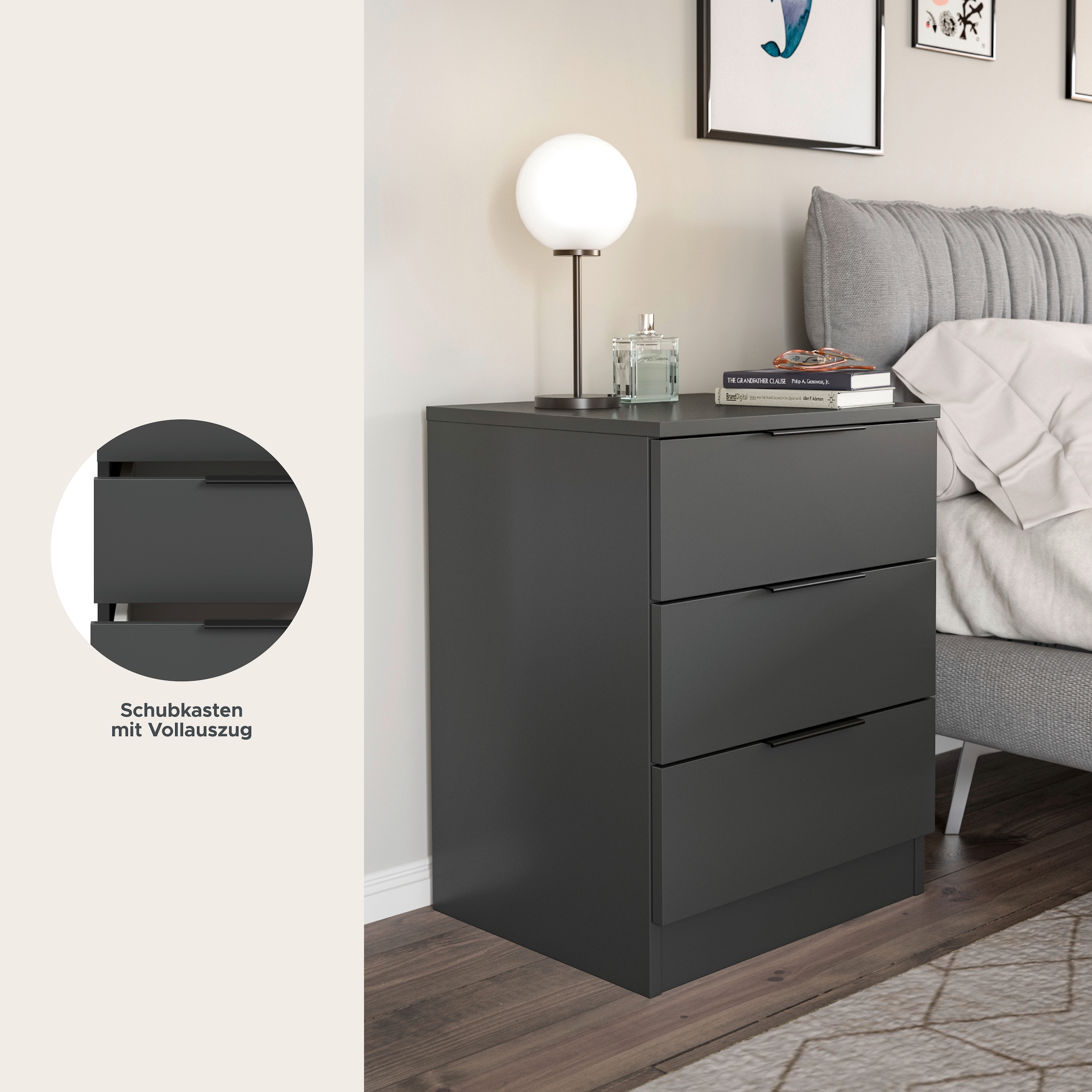 Home affaire Nachtkommode »Skarde Nachttisch Beistelltisch Kommode, Breite: 45 cm« 1 Stk. tlg. Skarde, Nachtkommode, 3 Schubkästen, anthrazit