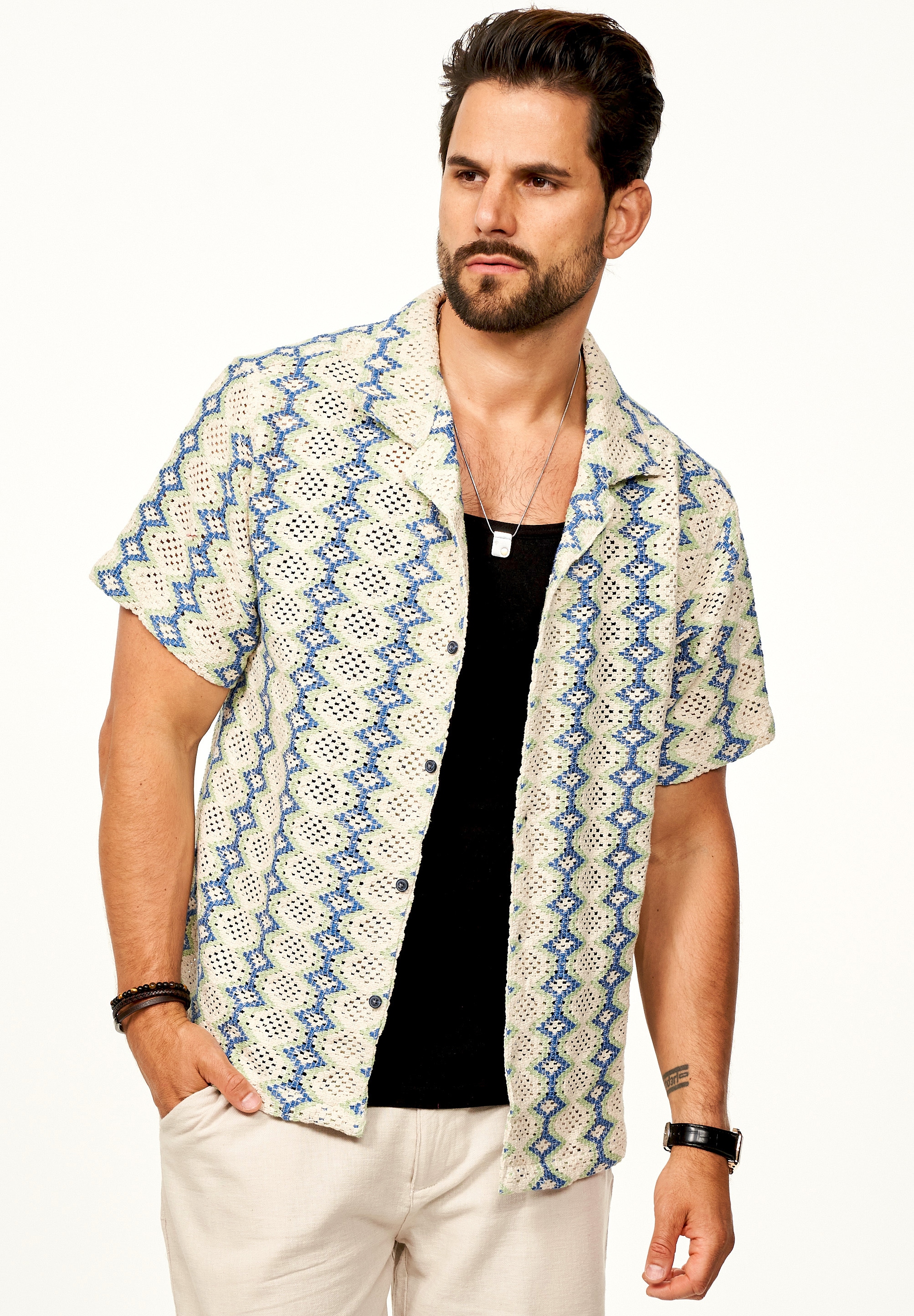 SOULSTAR Kurzarmhemd »Freizeithemd als Kurzam Strick Hemd im Retro-Look - Strick Polo-Hemd Overshirt im Regular-Fit für Herren« Herren Strick Polo-Hemd T-Shirt im Regular-Fit Overshirt