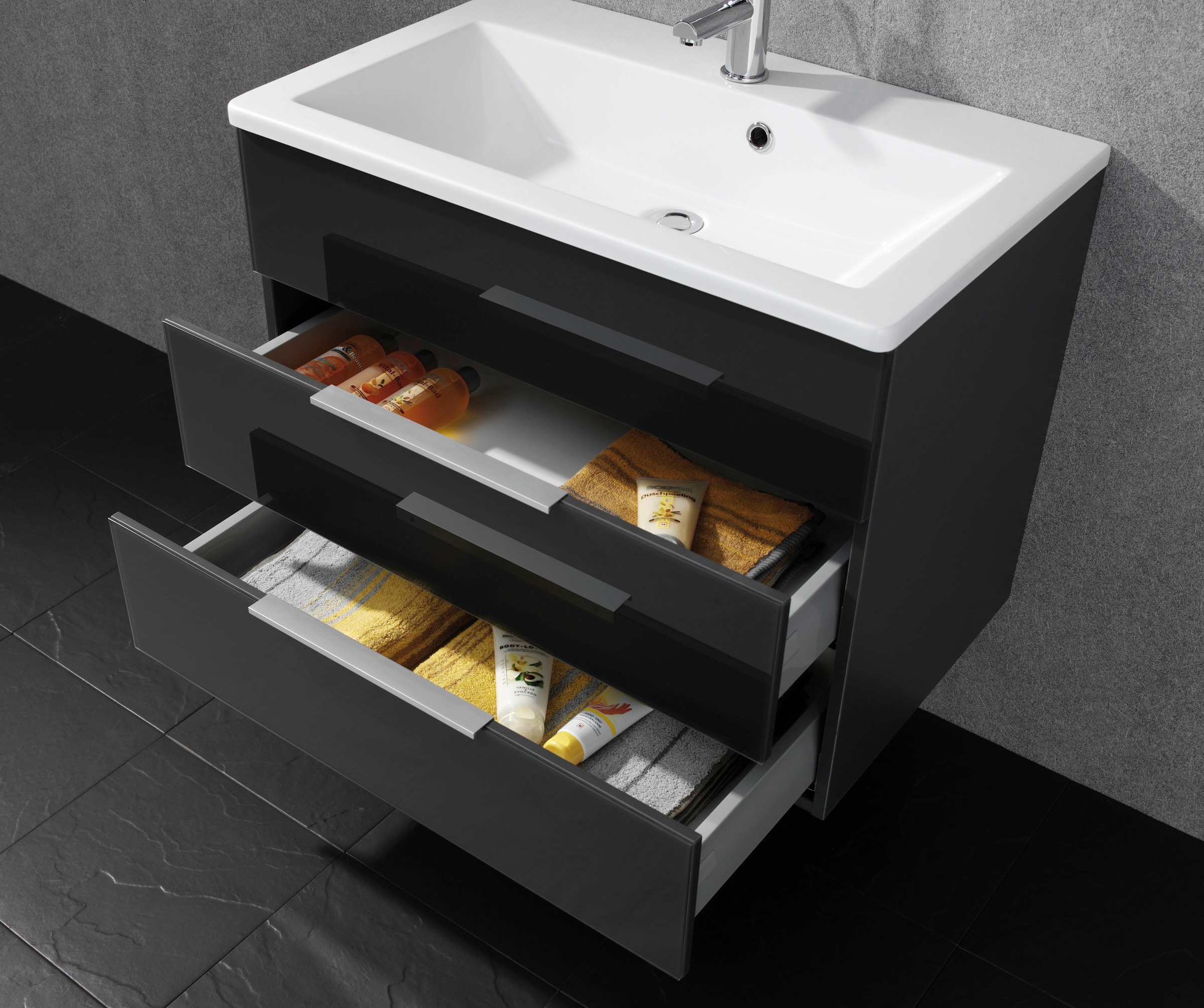 FACKELMANN Waschbeckenunterschrank »Kara«, Badmöbel Glasfront, inkl. Raumsparsiphon