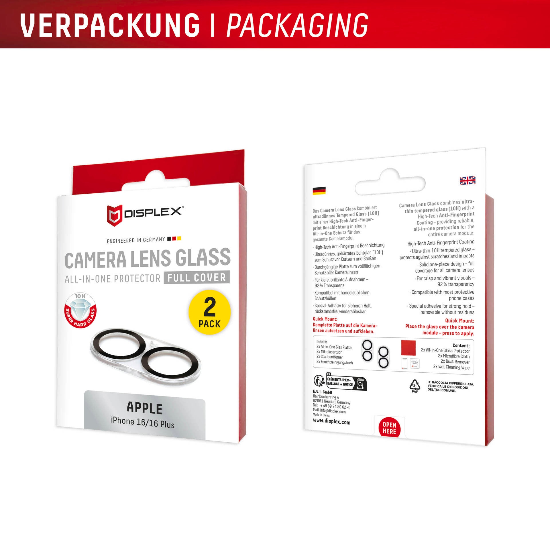 Displex Kameraschutzglas »Camera Lens Glass All-In-One Protector Full Cover«, für Apple iPhone 16-Apple iPhone 16 Plus, (Packung, 2x All-In-One Glas), Objektivschutz, Kameraschutz, kratz- & stoßfest