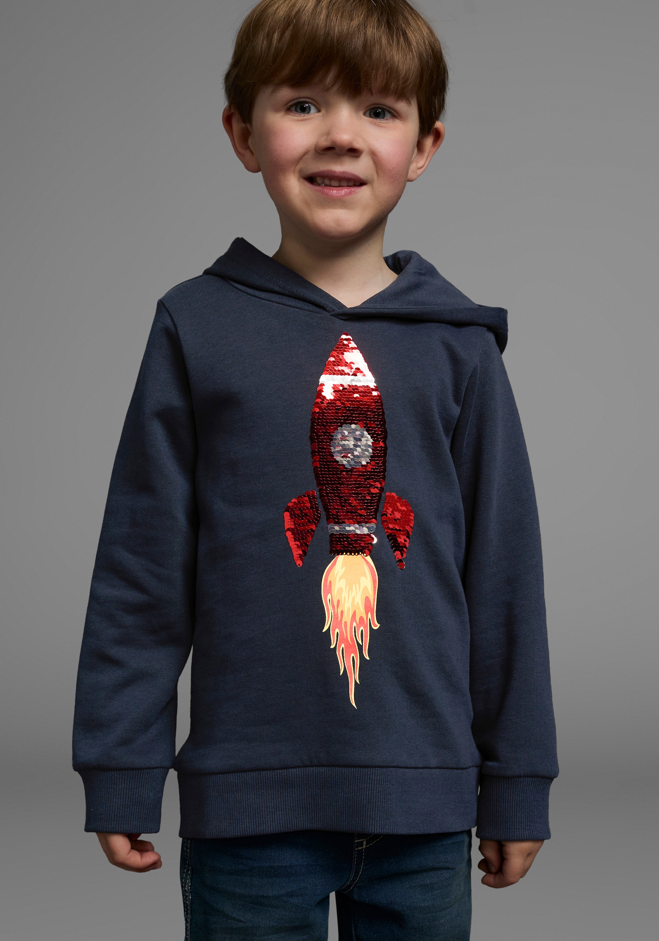 KIDSWORLD Kapuzensweatshirt »Rakete - Wendepaillette«, lange Ärmel, Basic-Passform, aus Baumwolle, mit Rippbündchen