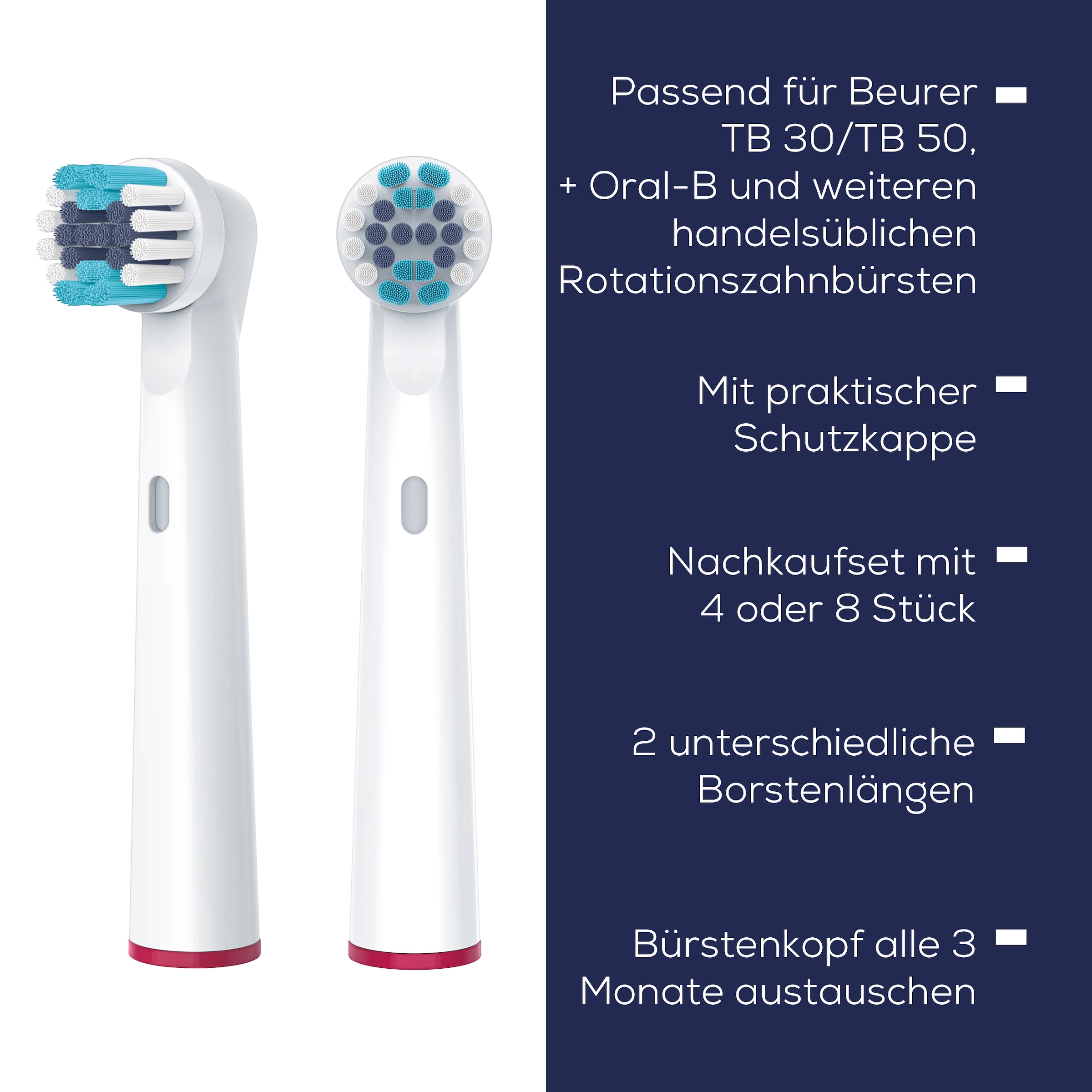 BEURER Aufsteckbürsten »TB 30/50 Bürstenköpfe Clean, für elektrische Zahnbürsten«, Mit 2 Borstenlängen, Schutzkappe & farbigen Unterscheidungsringen