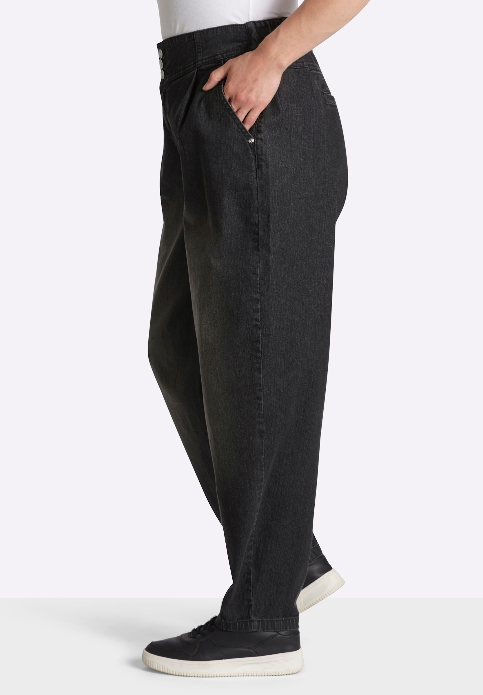 Sheego Bequeme Jeans »Jeans High-waist-Jeans mit Bundfalten und Barrel-Leg«