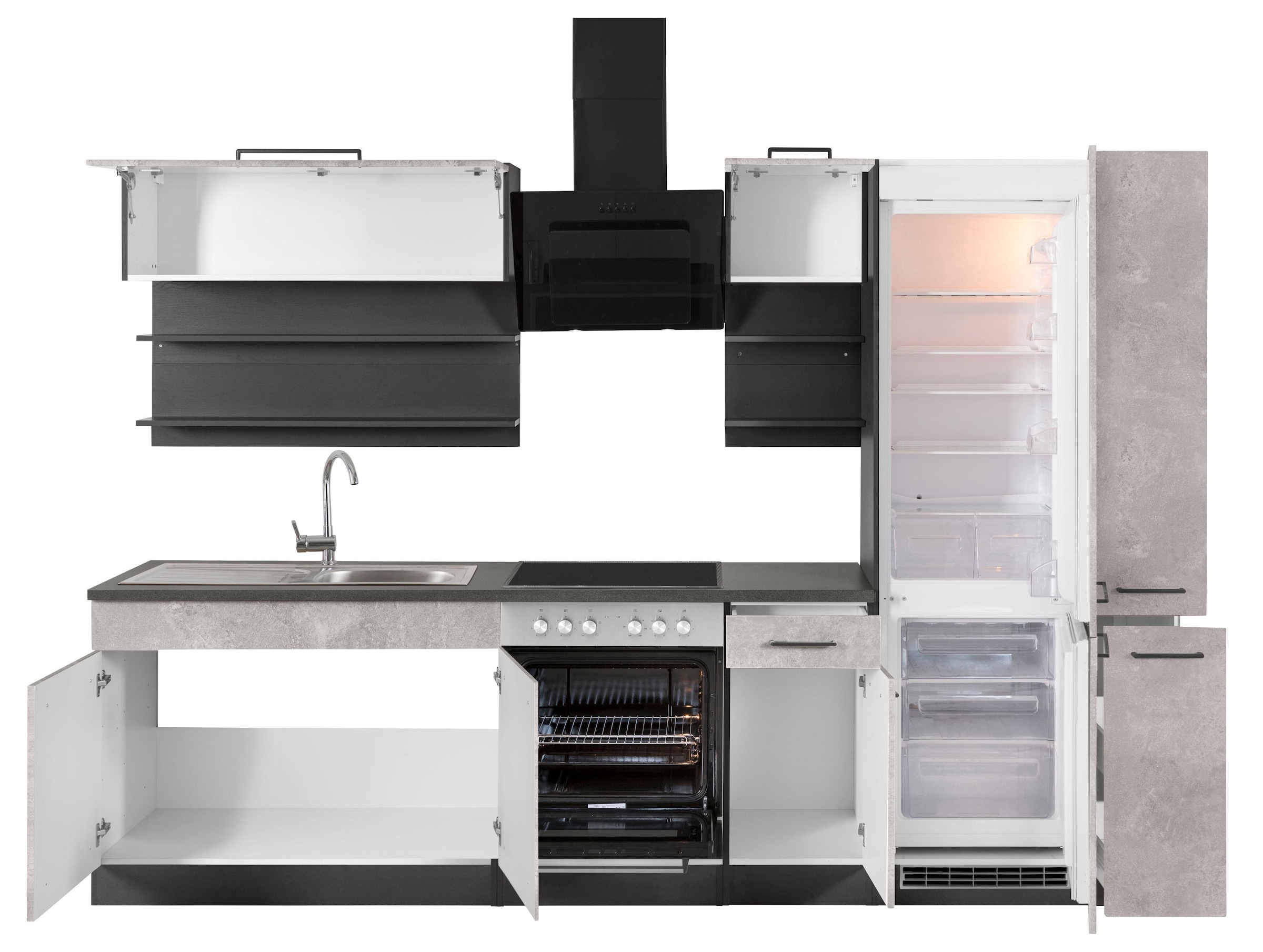 KOCHSTATION Küchenzeile »KS-Tulsa«, ohne E-Geräte, Breite 300 cm, schwarze Metallgriffe, MDF Fronten