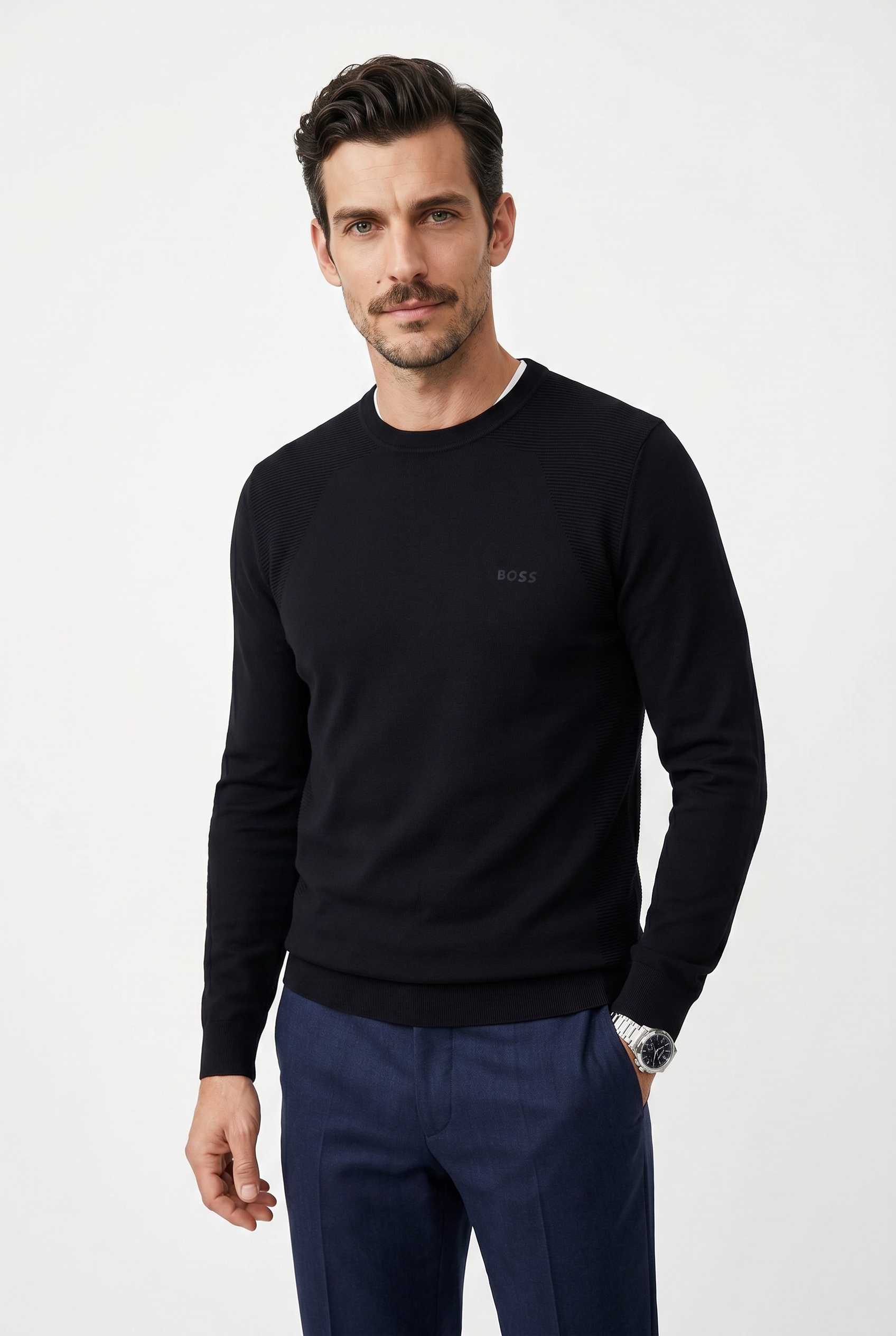 BOSS GREEN Strickpullover Rundhalsauswschnitt, Regular Fit, Struktur-Strick