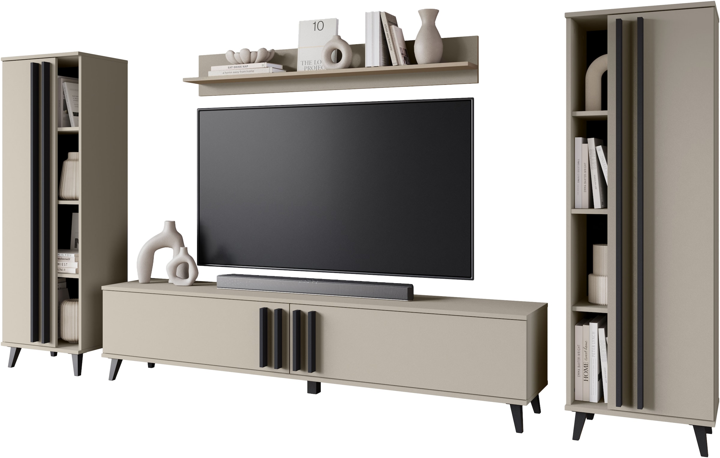 INOSIGN Wohnwand »Helsinki, Modernes Möbelset«, (Komplett-Set, 4 St.), mit lamellengriffen, verstellbaren Einlegeböden und Kunststofffüßen