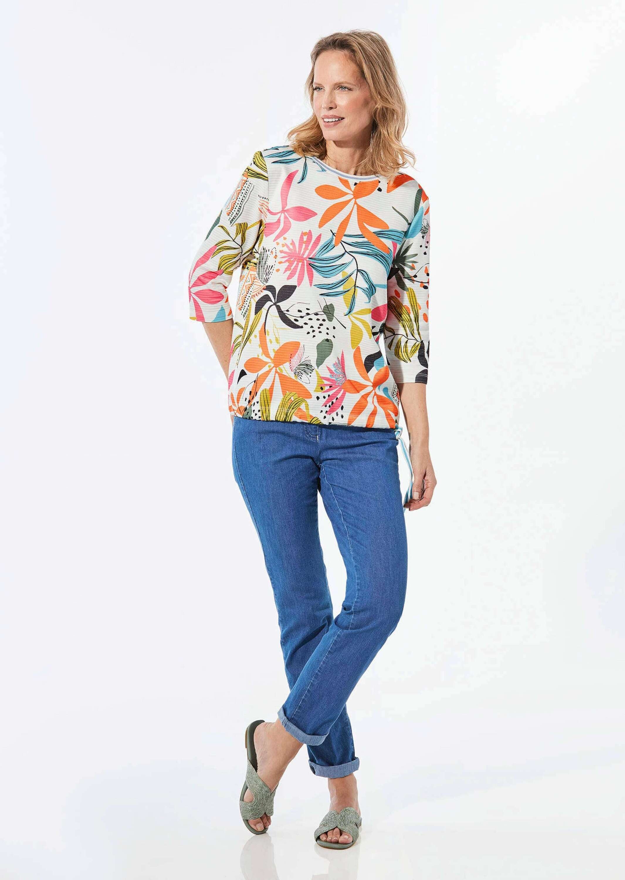 GOLDNER Print-Shirt »Kurzgröße Sweatshirt mit U-Boot-Ausschnitt« Bänder