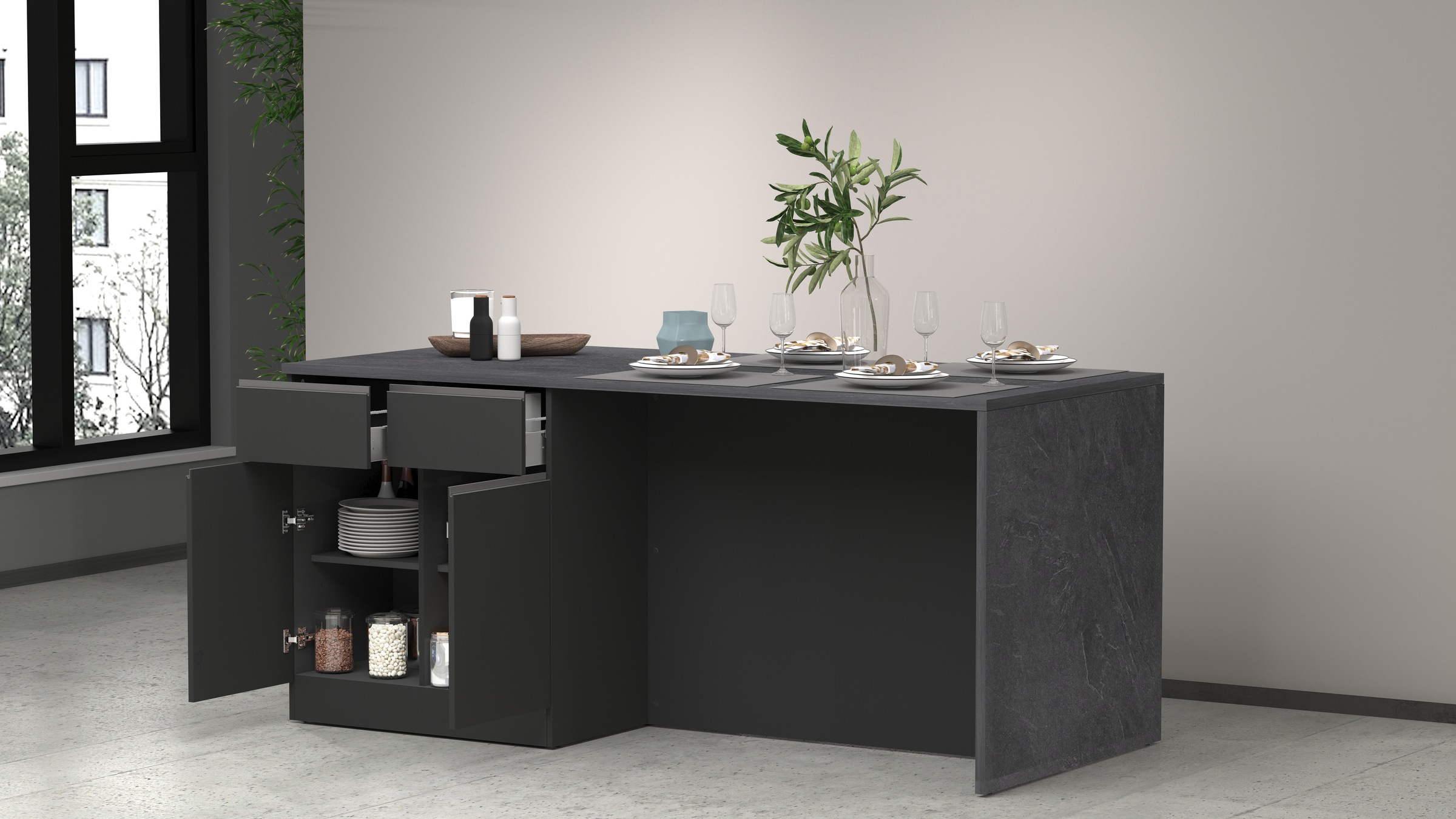 KOCHSTATION Kücheninsel »Sole,Kochinsel,Küchenarbeitsblock,Inselküche,Arbeitsinsel«, Breite 200 cm mit 4 Türen,4 Schubkästen, Aluminiumgriff
