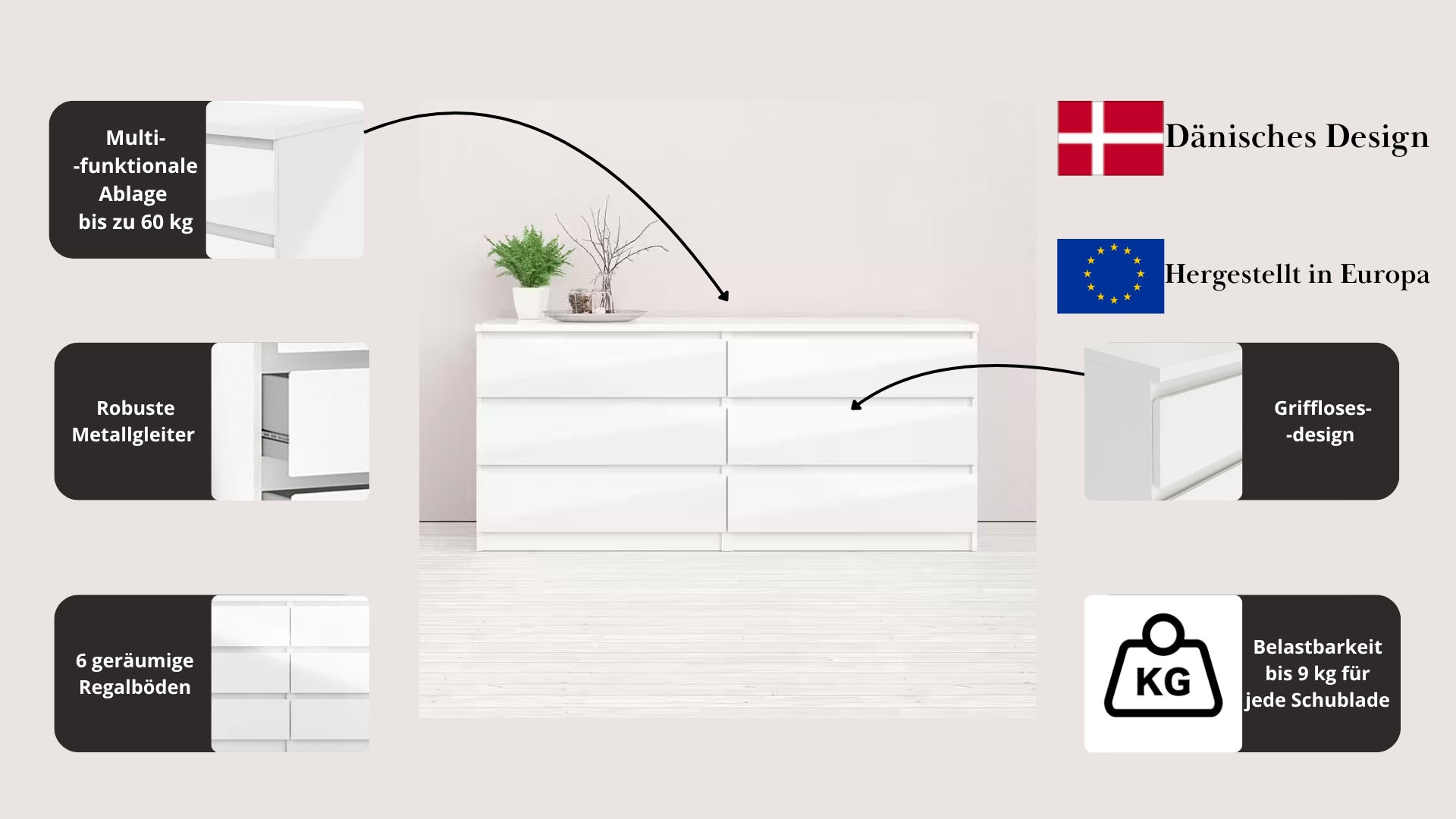 INOSIGN Kommode »Naia«, Hochglanz-Optik, mit abgerundeten Schubladenkanten auf Metallgleiter
