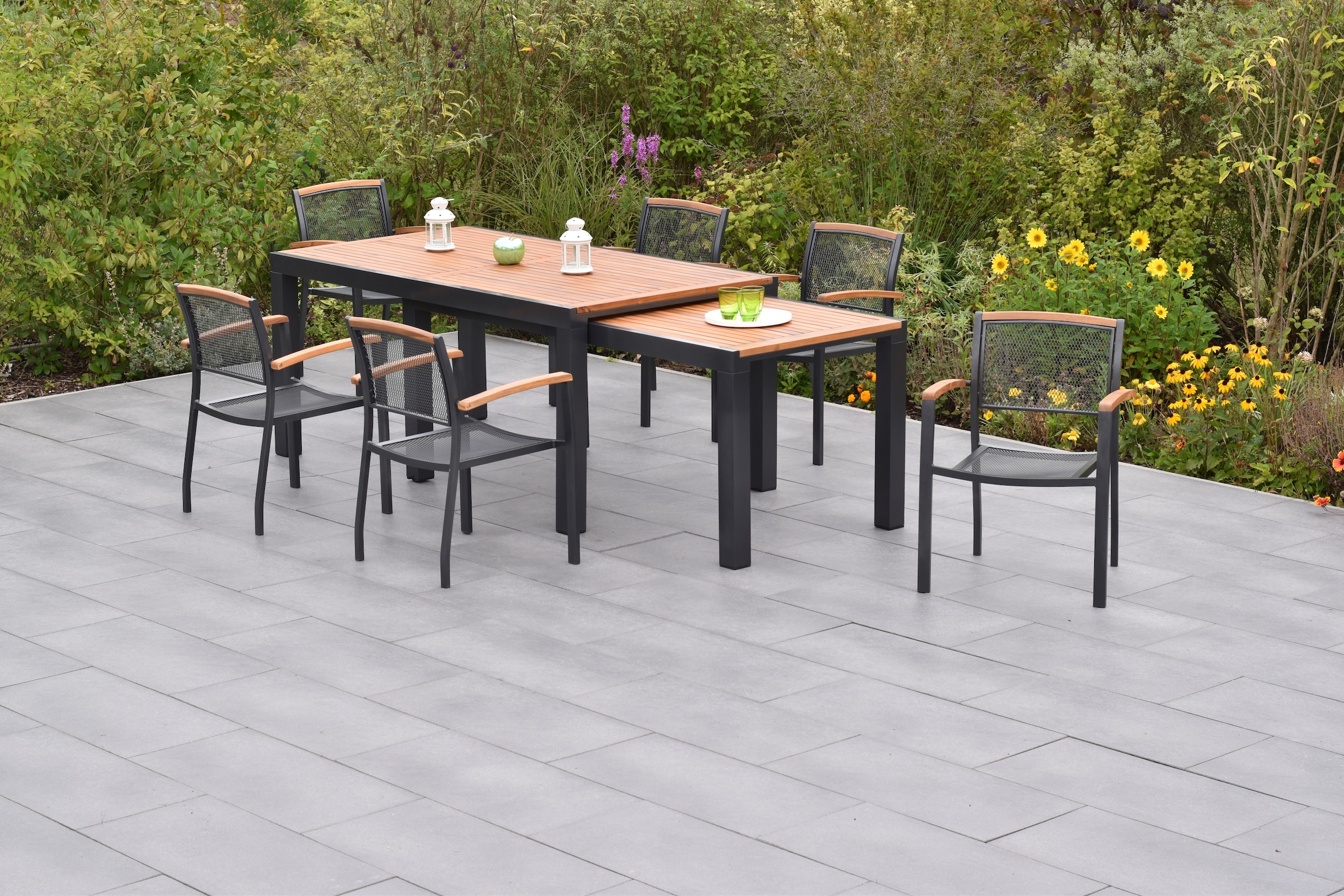 MERXX Garten-Essgruppe »»Tilos««, (Set, 7 tlg., flexibel aufstellbar, Armlehnen und Rückenabschluss aus Akazienholz), 2 Tische, LxB: 180x100 + 180x83 cm