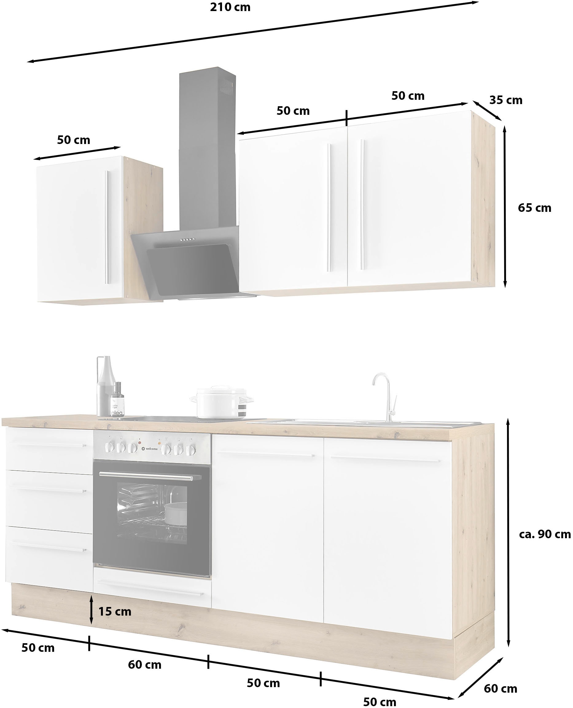 KOCHSTATION Küchenzeile »KS-Florida mit 38mm starker Arbeitsplatte«, Breite 210 cm, wahlweise mit E-Geräten, Soft-Close-Funktion