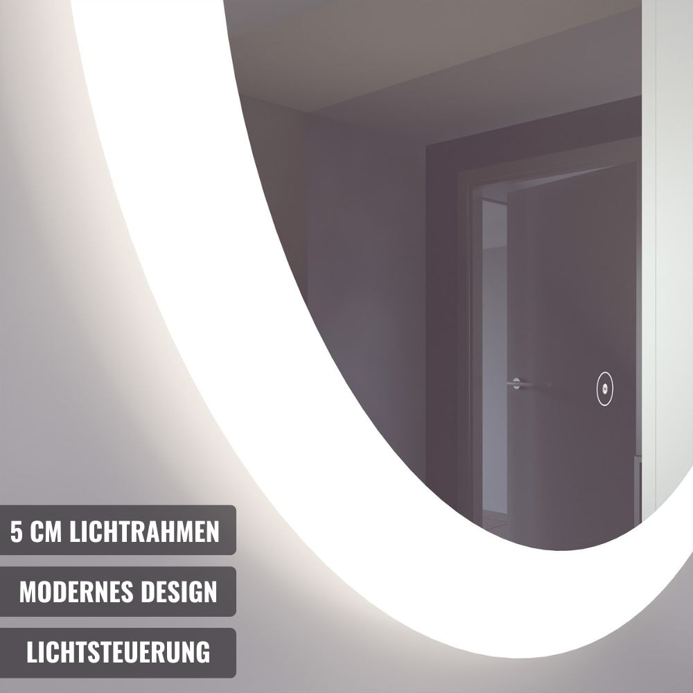 Badspiegel »Vega Rund, Badzimmerspiegel mit LED Beleuchtung, Lichtspiegel«, (1 St.), Touchpanel für Lichtsteuerung, Dimmbar Spiegel, Dänisches Design
