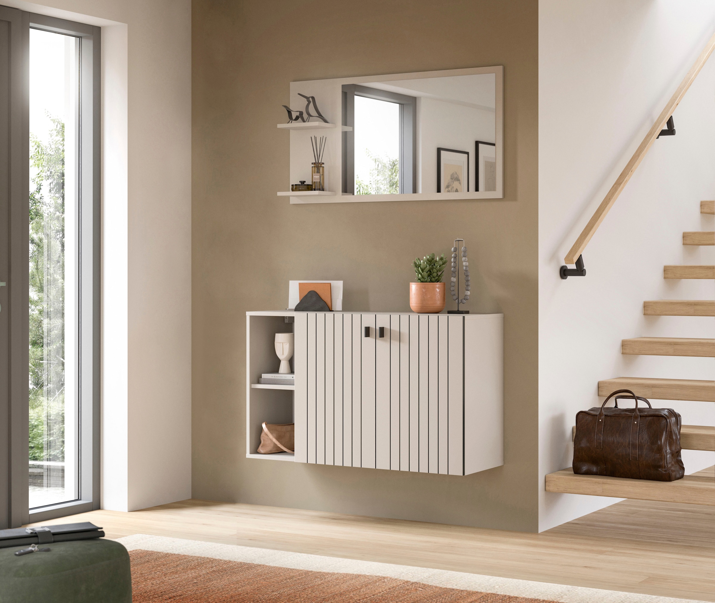 Home affaire Schuhschrank »TATIO, Breite 106 cm, hängend, Rillenopik, offene Fächer« 1 Stk. tlg. Schuhschrank, Schuhkommode, Flurkommode, Kommode, Hängeschrank